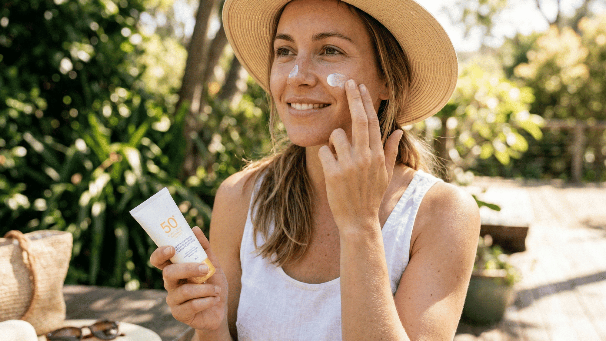woman applying sunscreen on face outdoors