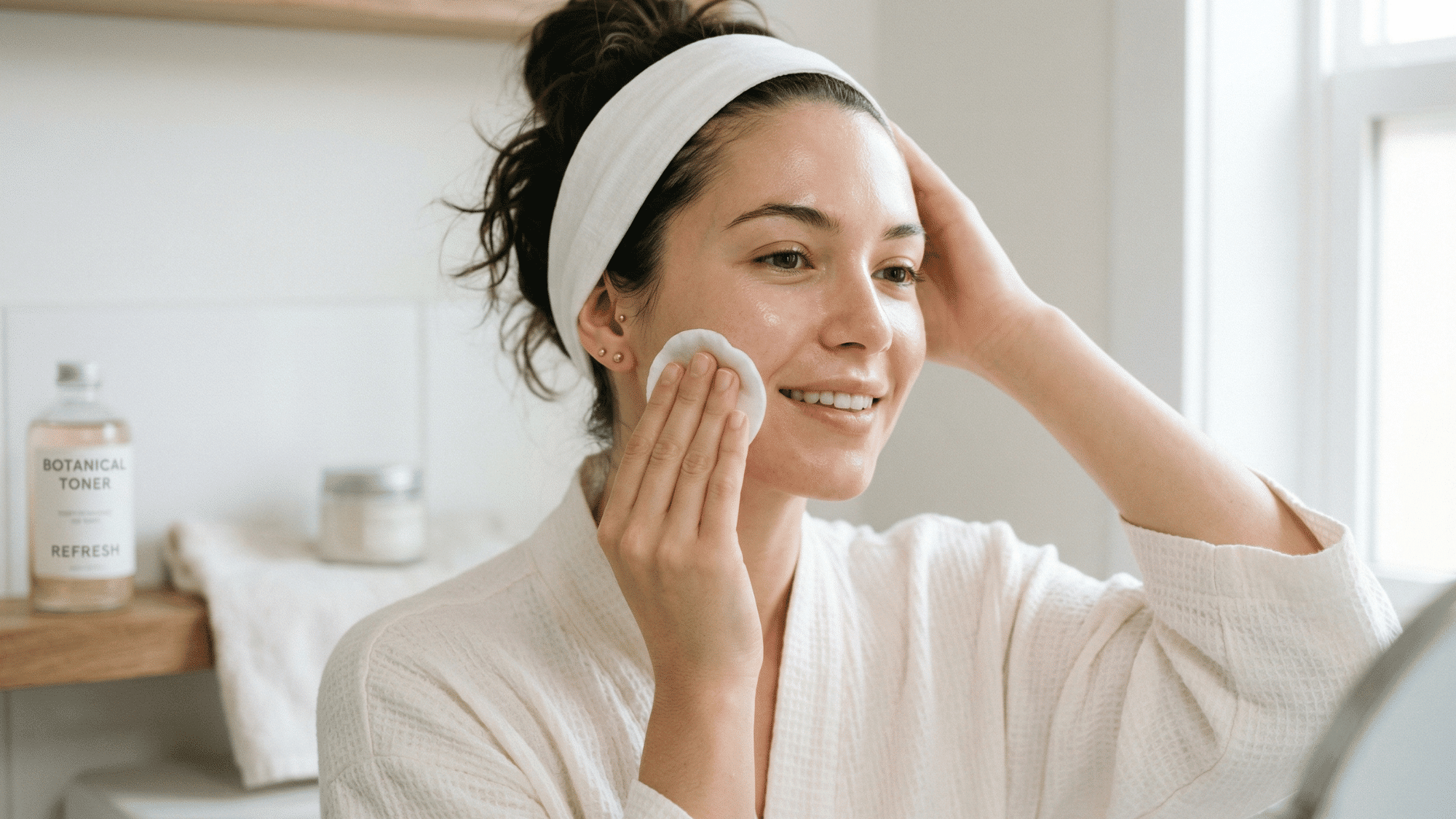 woman applying toner with cotton pad on face