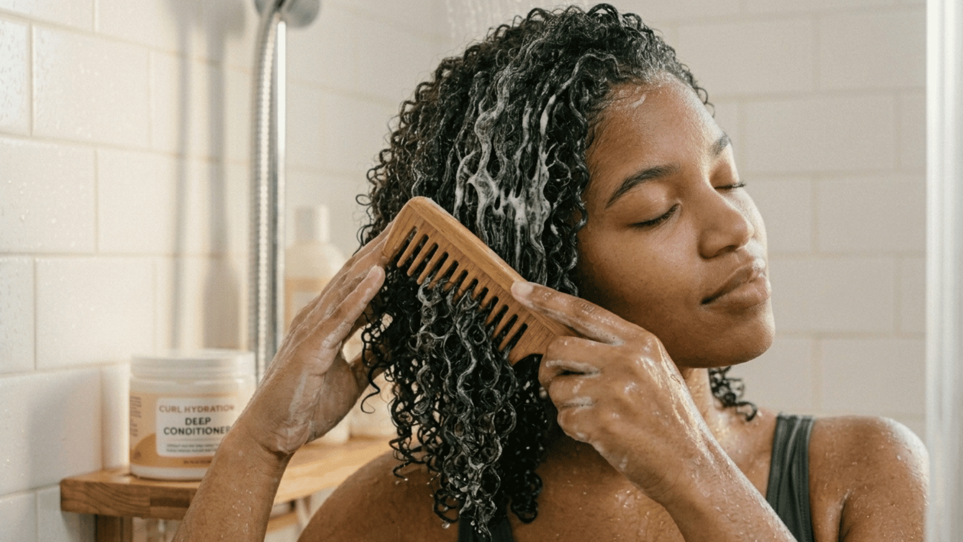 woman detangling wet curly hair with wide-tooth comb in shower.