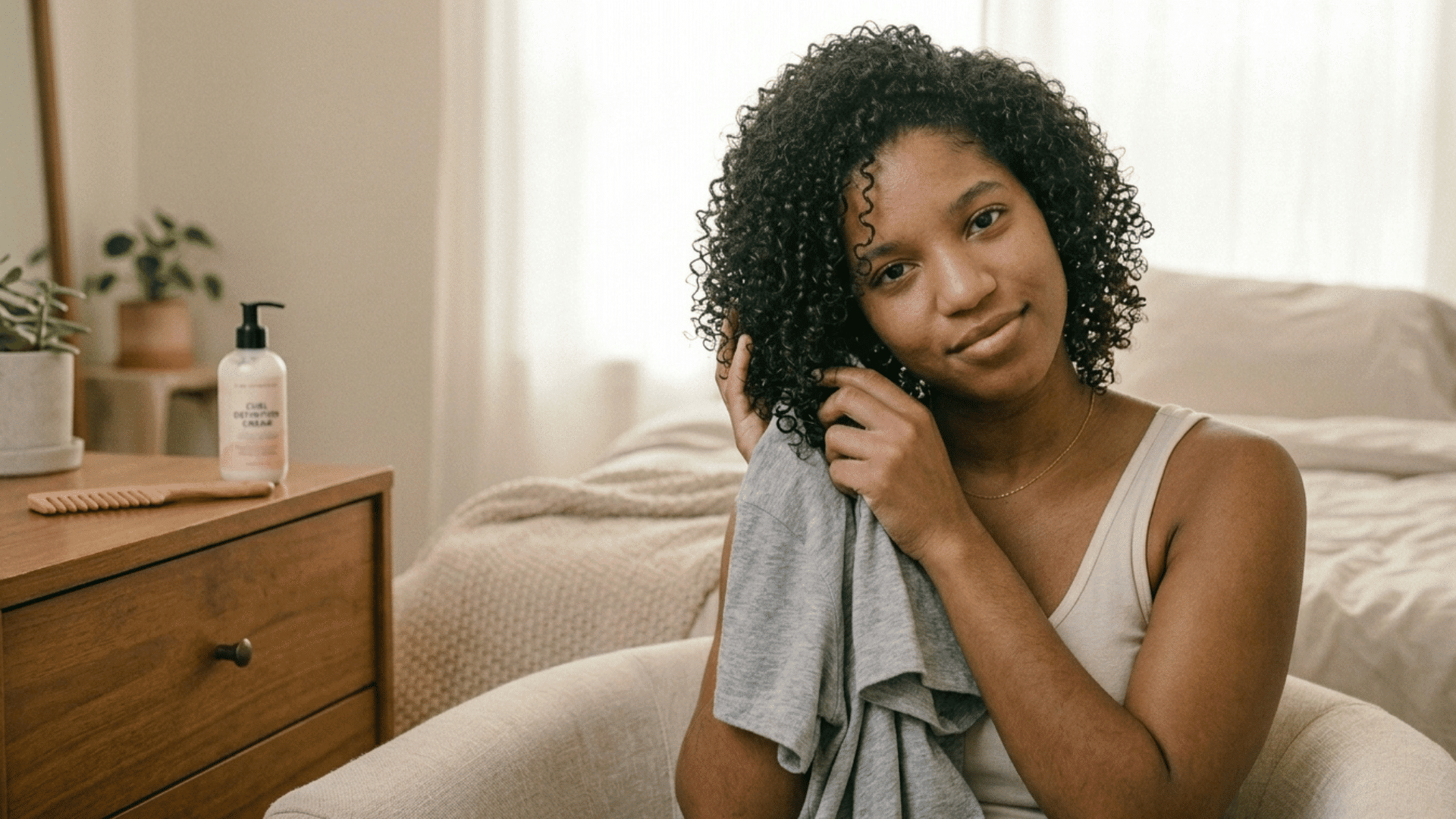 woman drying curly hair with cotton T-shirt to reduce frizz at home.