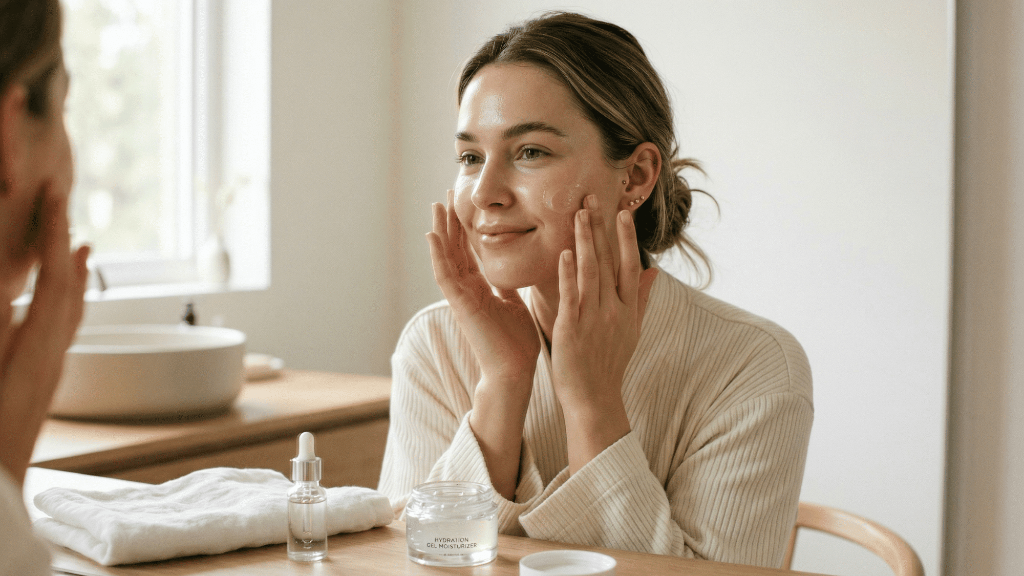 woman gently applying gel moisturizer on face, smooth hydrated skin