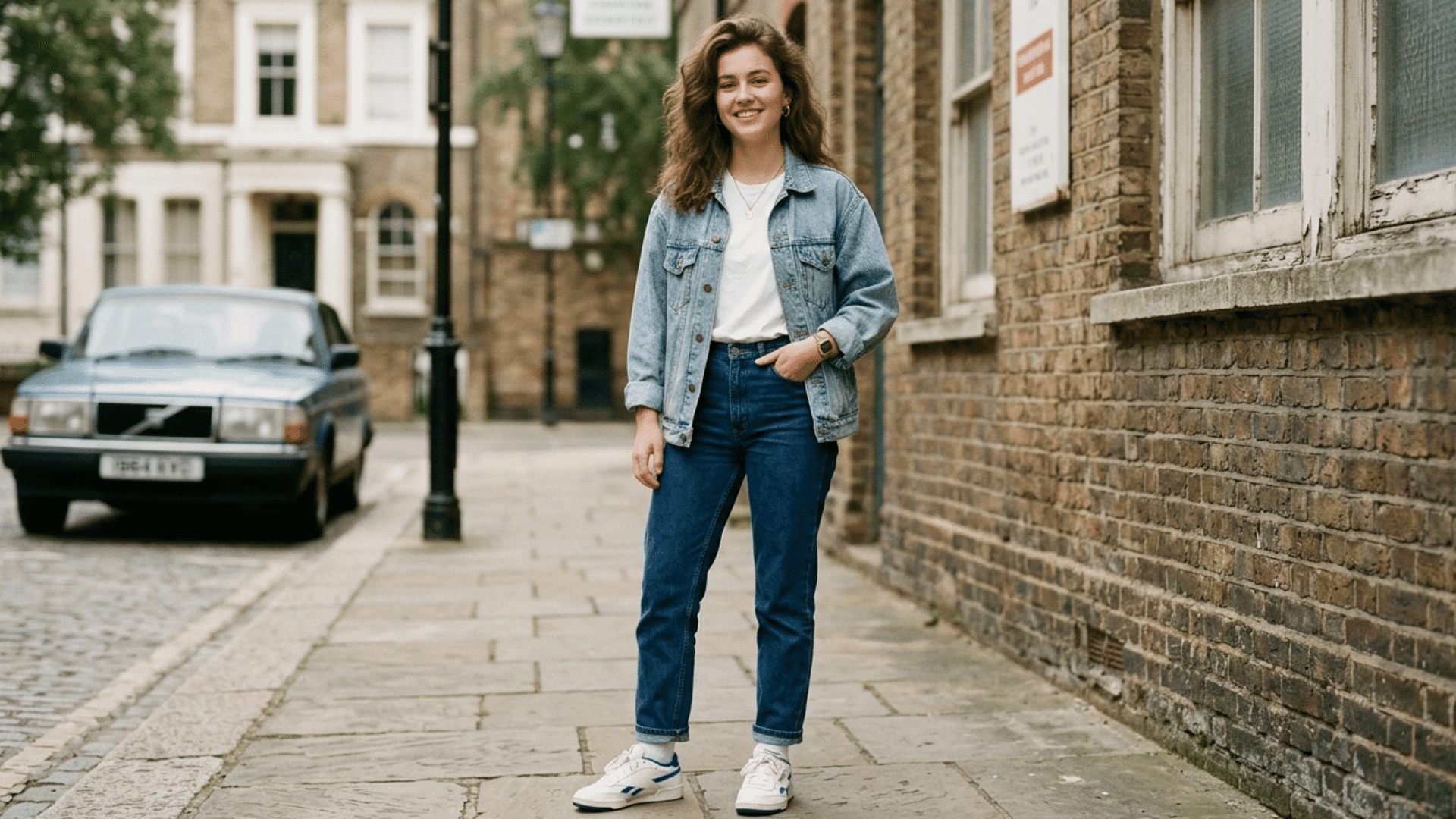 woman in denim jeans and jacket standing near brick wall, relaxed pose in quiet street setting