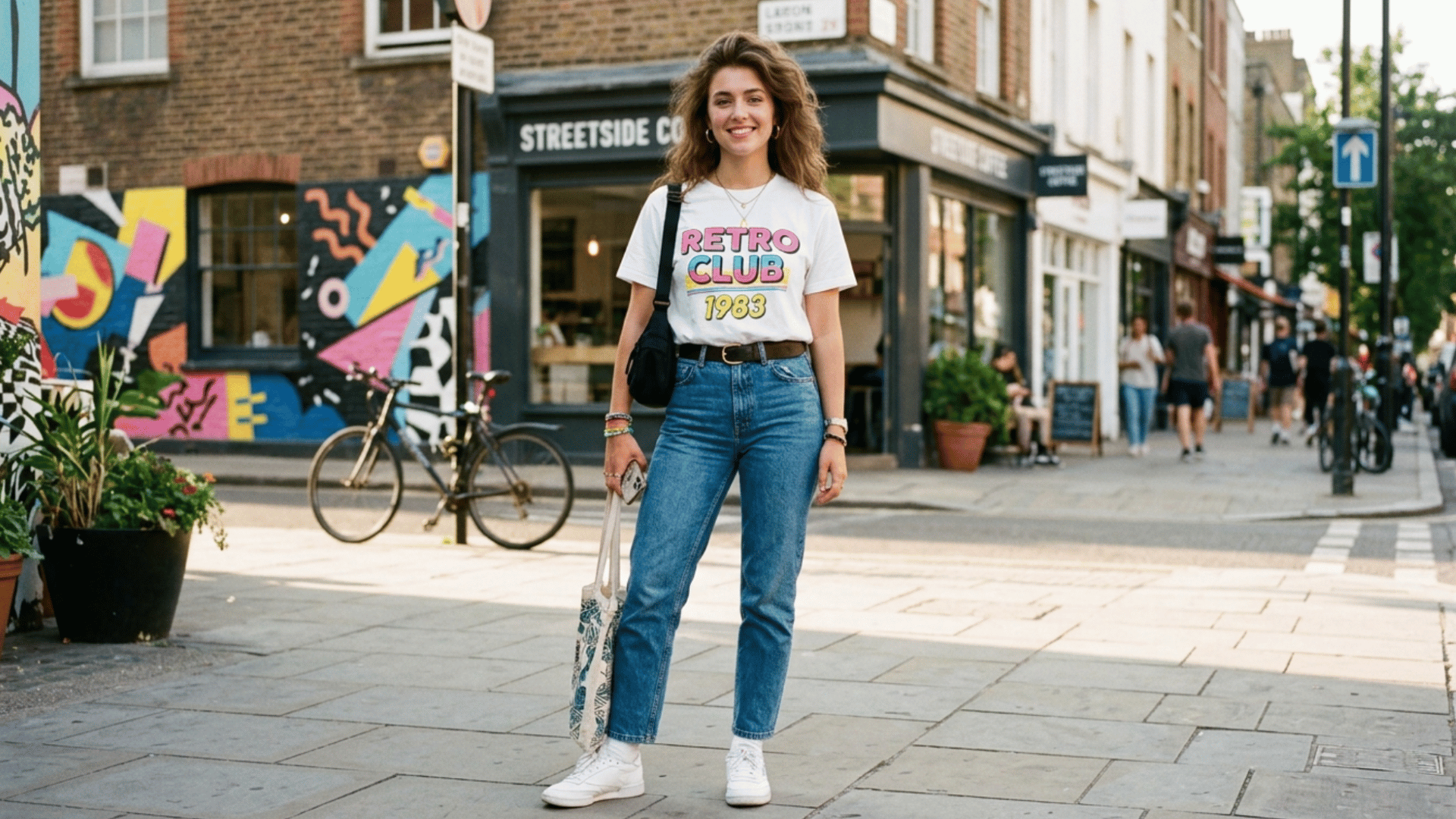 woman in graphic tee and jeans walking on city street with colorful mural background and casual vibe
