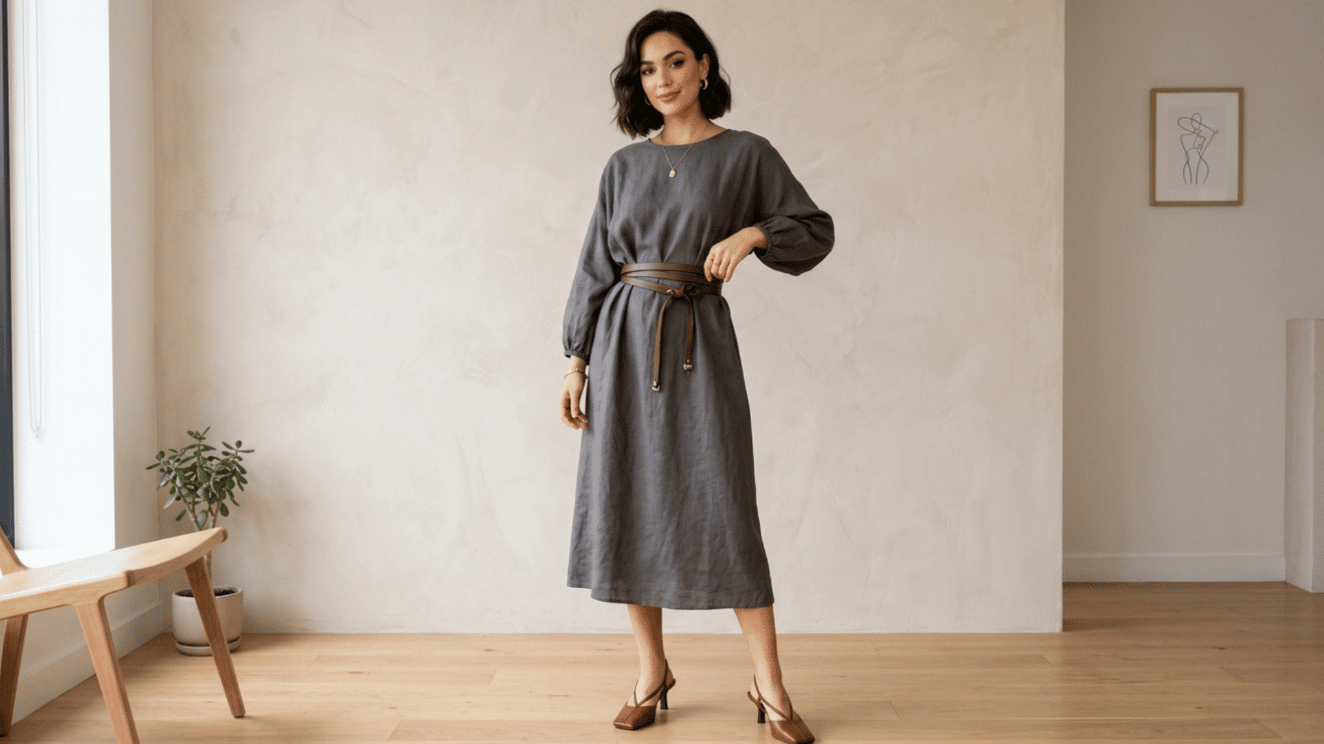 woman in gray midi dress posing indoors with minimalist decor and soft natural lighting