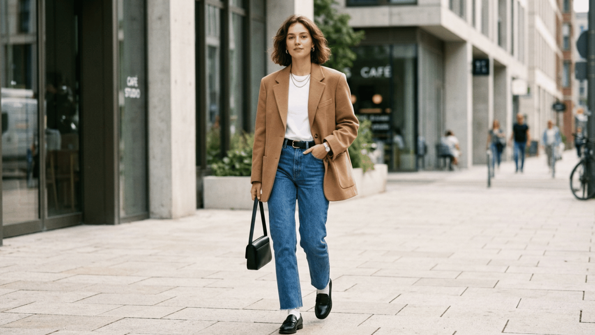 woman in oversized blazer and jeans walking through modern city street holding bag in smart casual style (1)