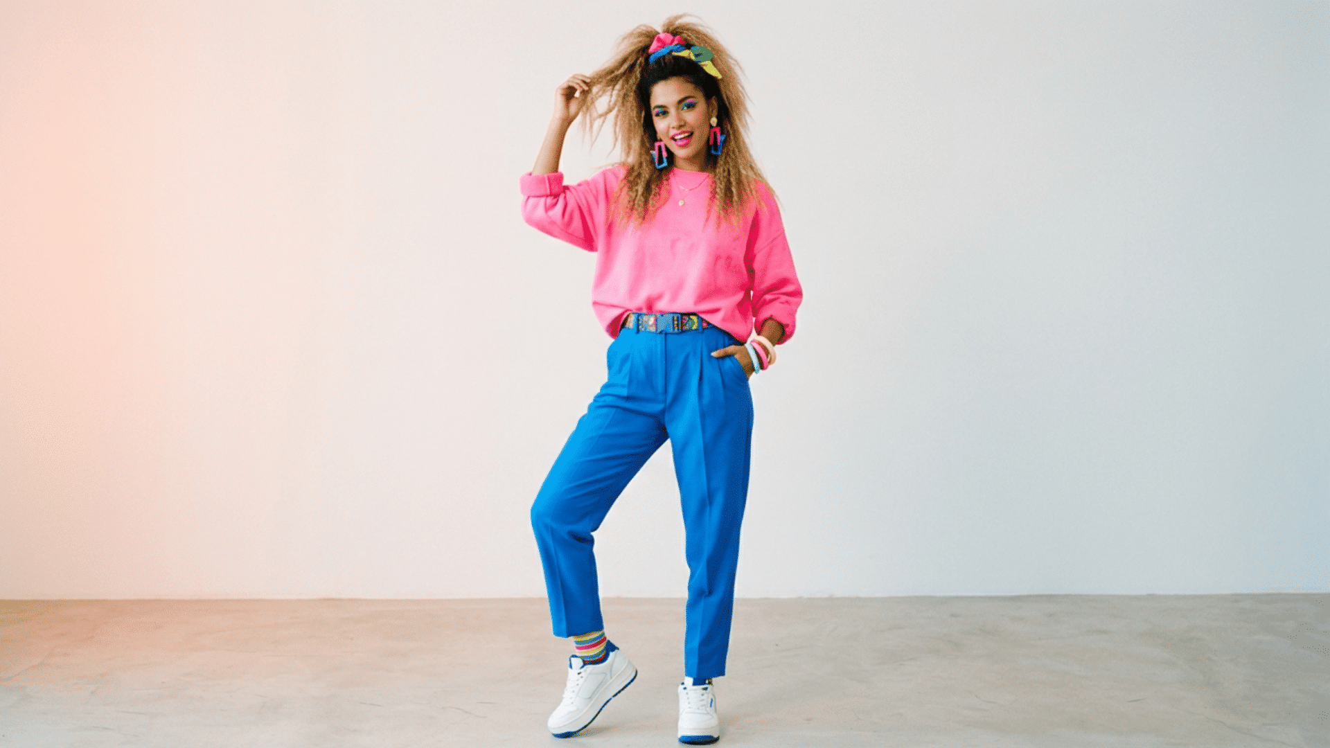 woman in pink top and blue jeans posing indoors with playful stance against minimal studio background