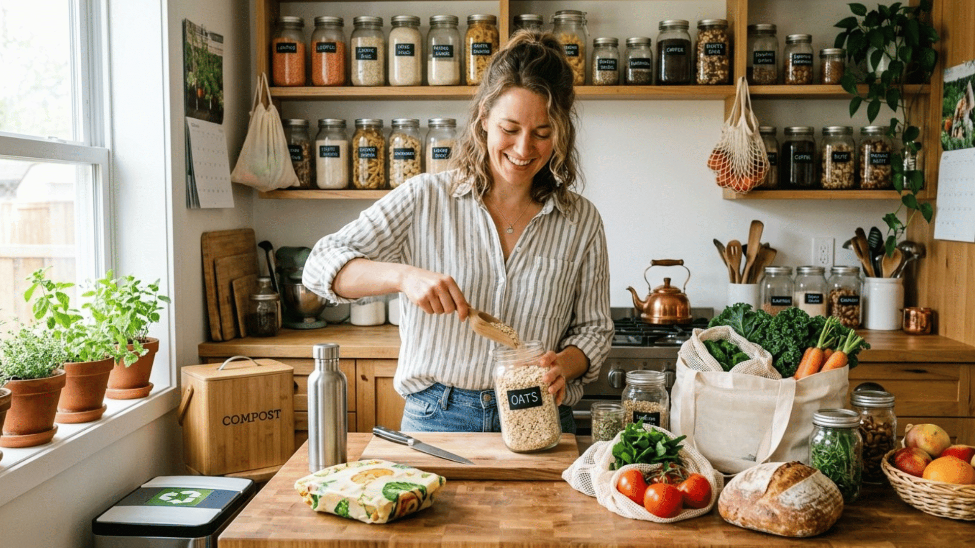 woman preparing food in zero waste kitchen with reusable containers and fresh produce.