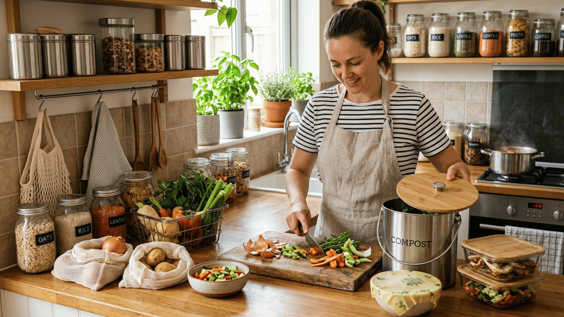 woman preparing food with compost bin and reusable containers in a zero waste kitchen.