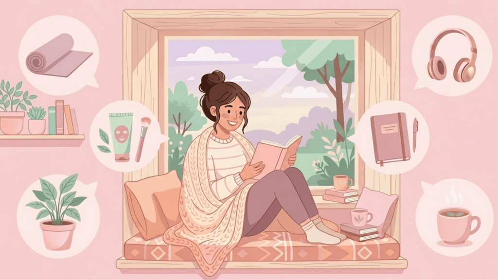 woman reading a book by a cozy window nook, surrounded by self-care items like tea, plants, and journal