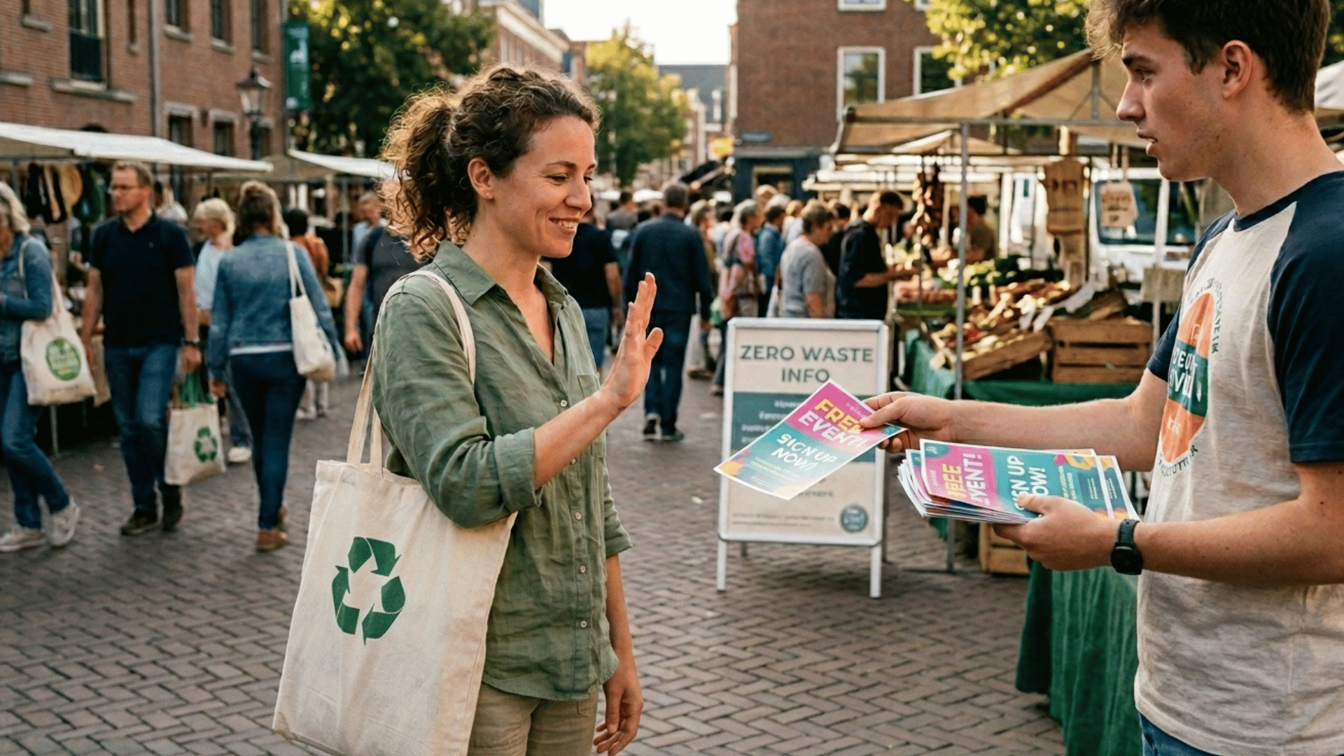 woman refusing flyers at market, promoting zero waste habits.