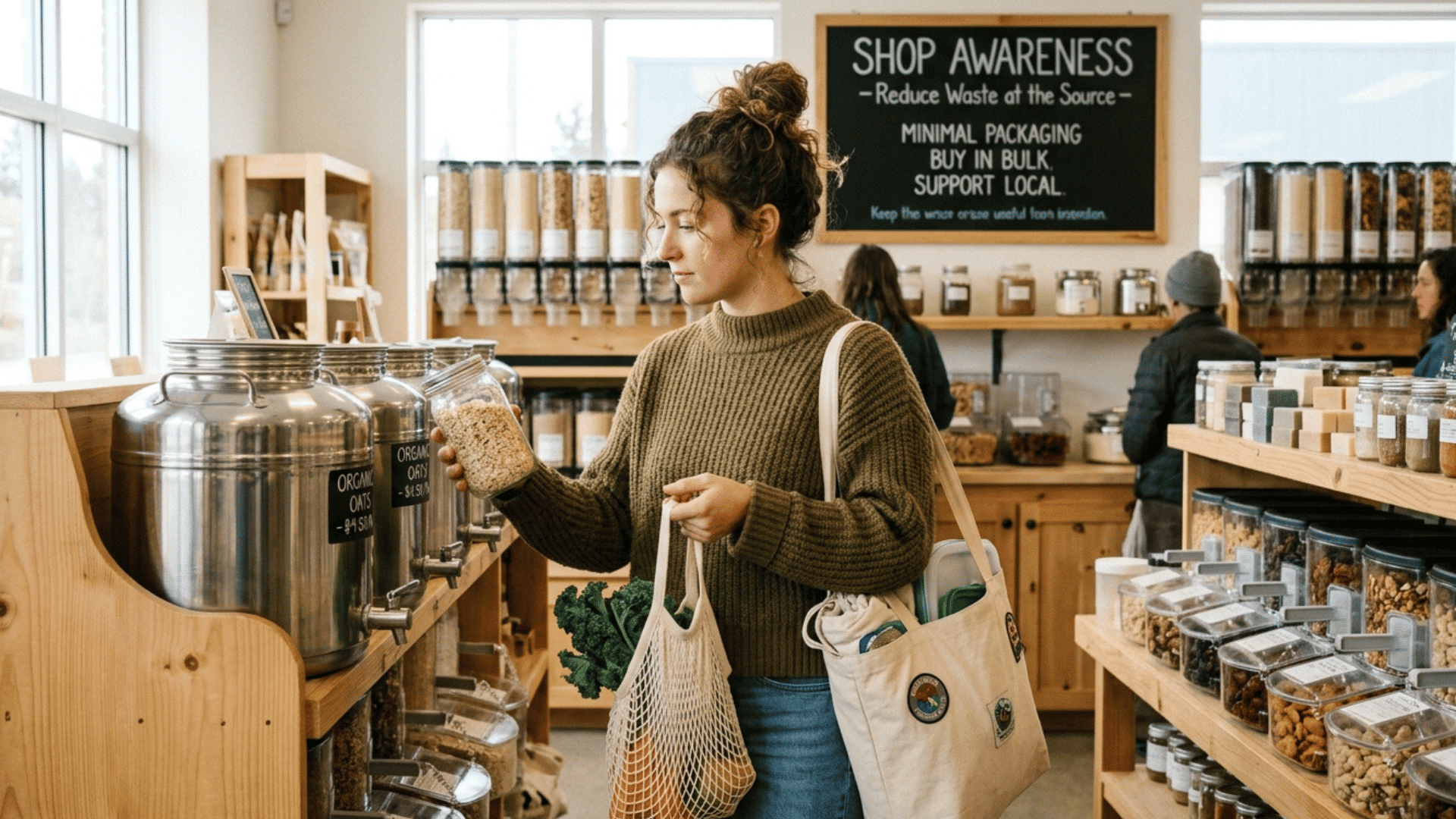 woman shopping in bulk store using reusable bags and containers.