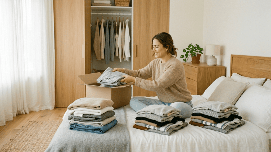 woman sitting on bed organizing folded clothes into piles and packing them into a box in tidy bedroom