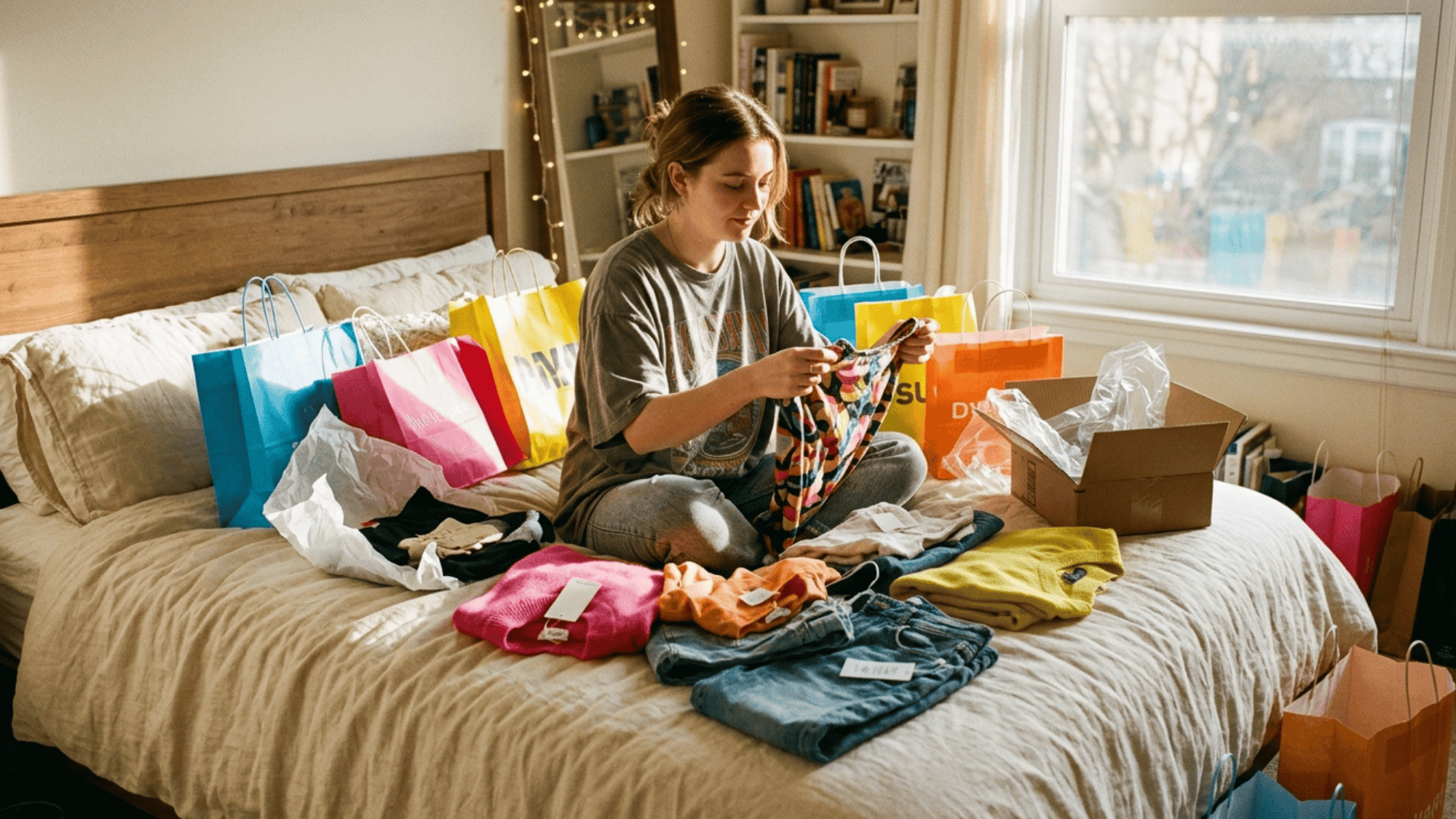 woman sitting on bed unpacking and organizing new clothes from shopping bags at home