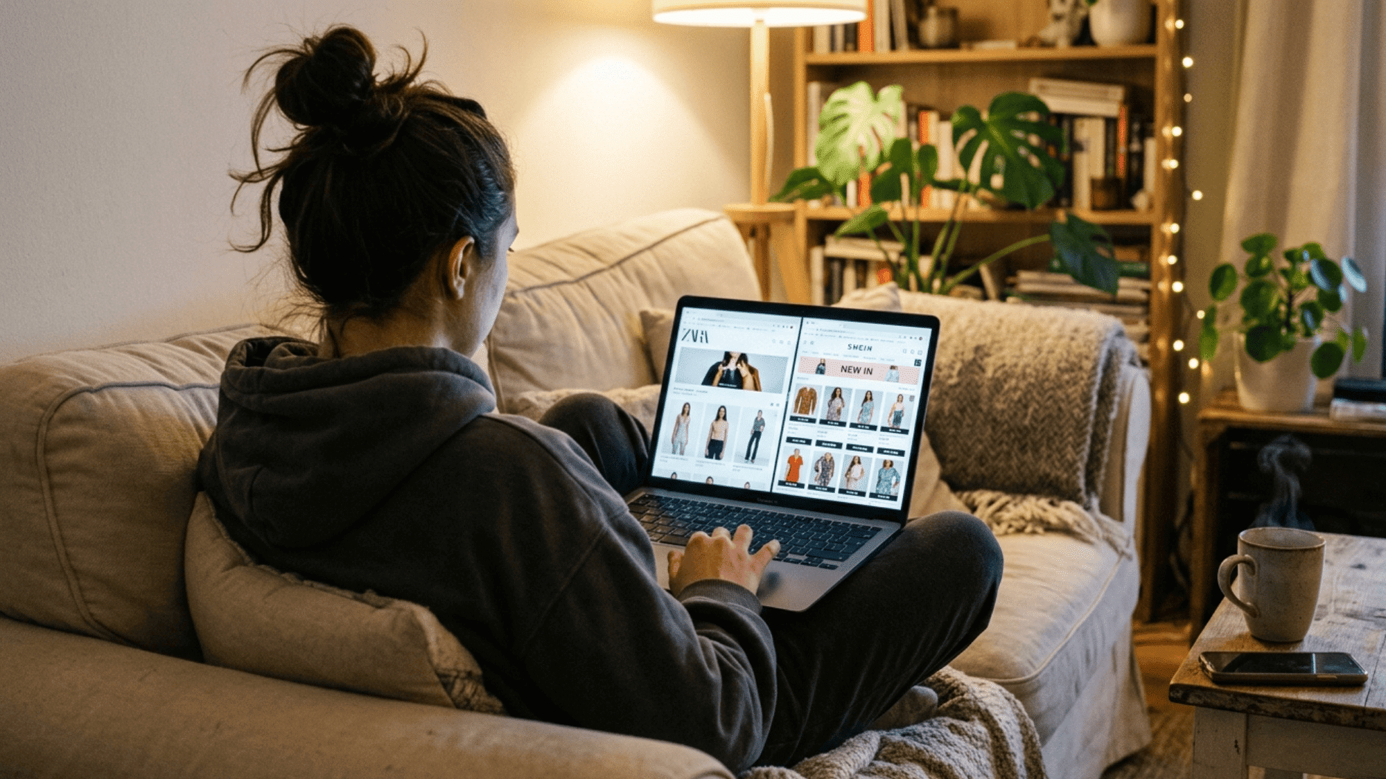 woman sitting on couch at home browsing online fashion store on laptop in cozy living room