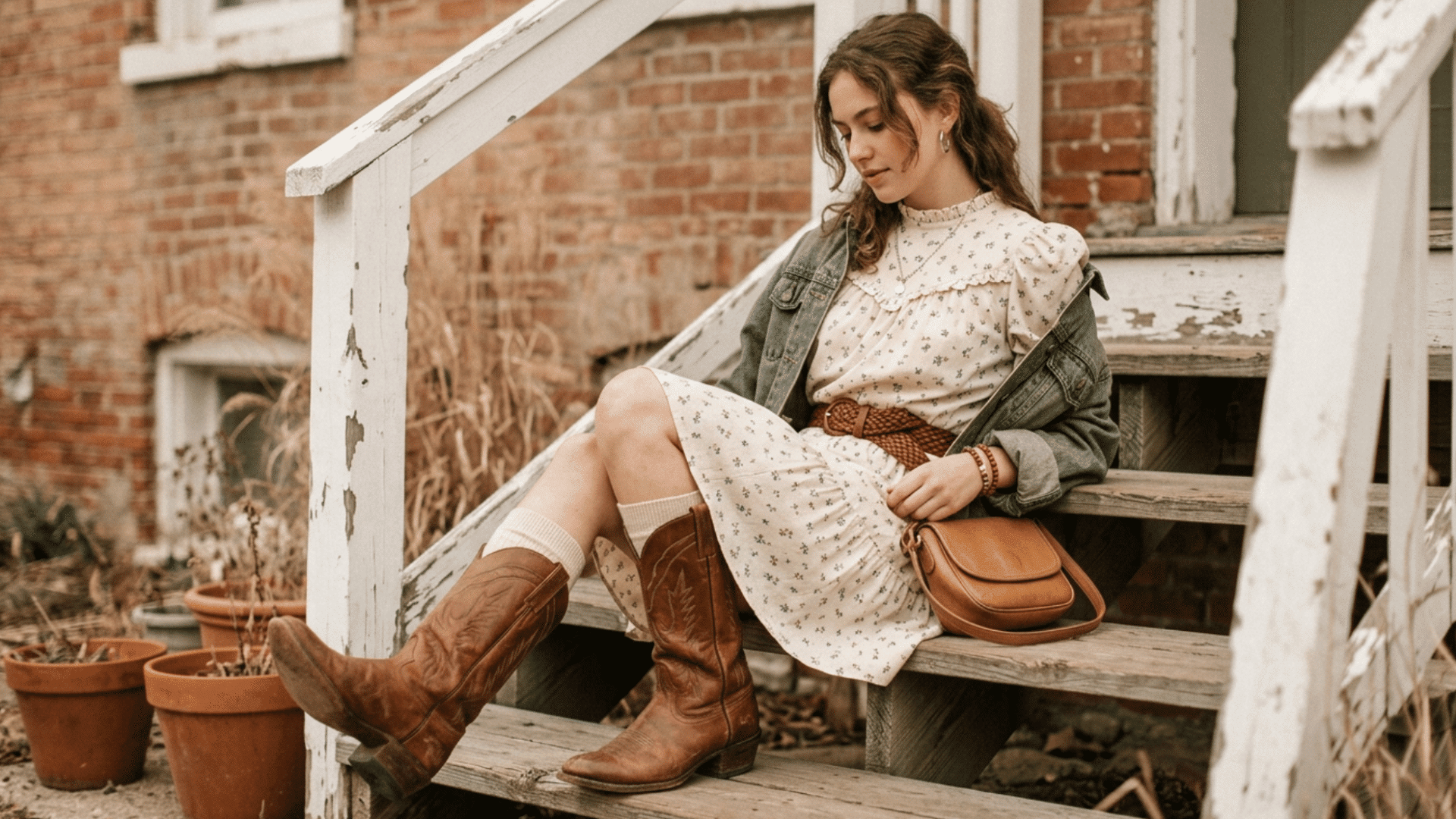 woman sitting on steps in cream outfit with cowboy boots, relaxed pose in warm-toned outdoor setting