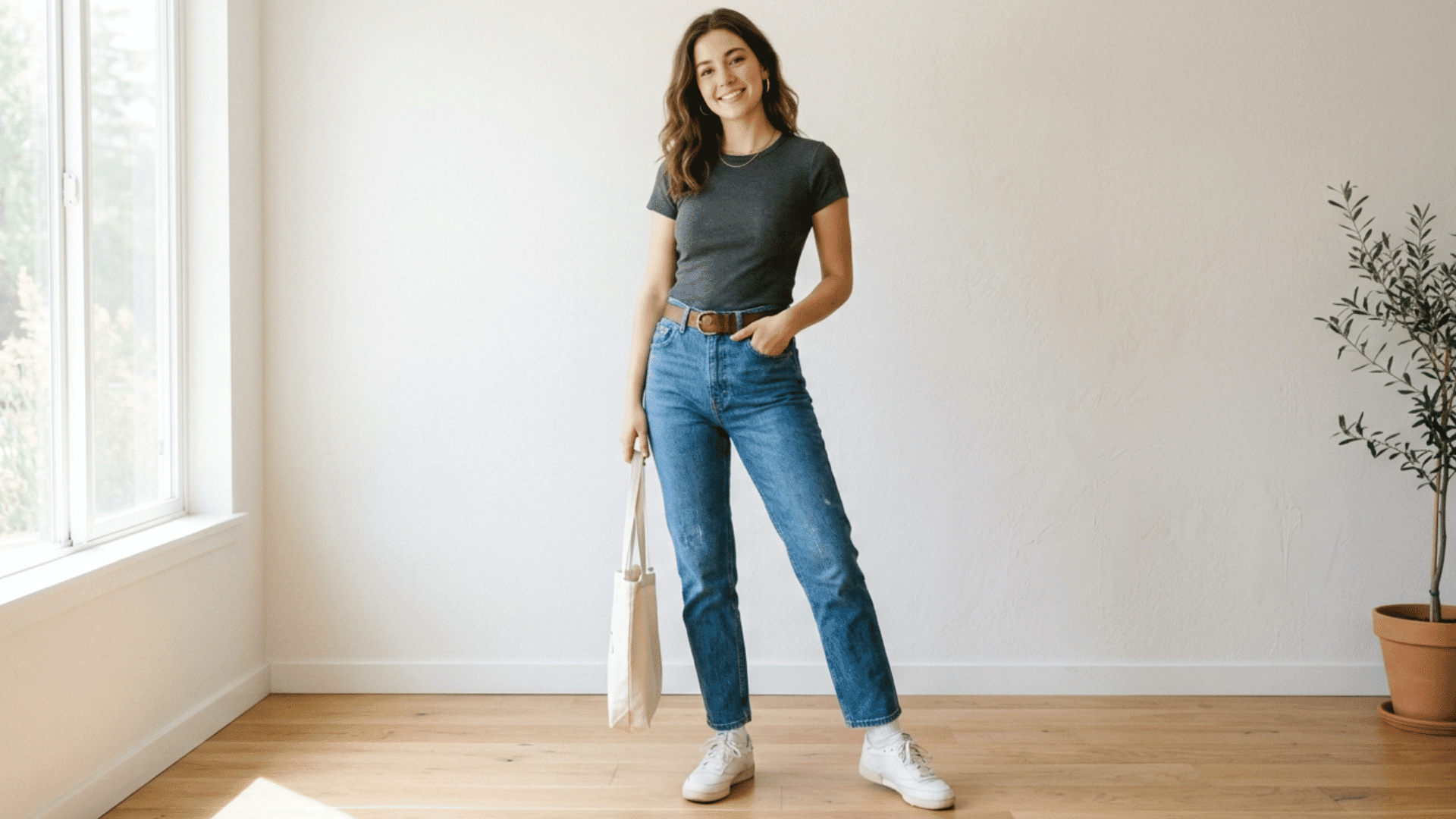 woman standing indoors in hight waist jeans and fitted tee with relaxed pose in bright minimal room