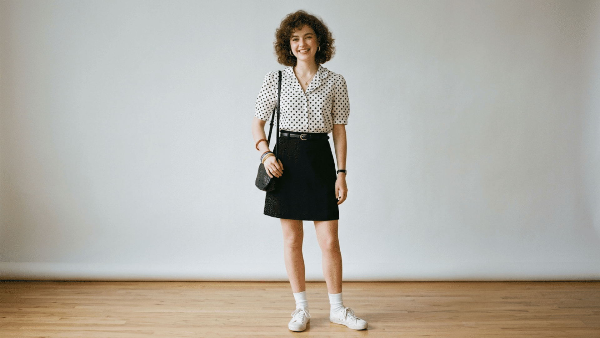 woman standing indoors in simple outfit with polka dot skirt and sneakers against clean studio backdrop
