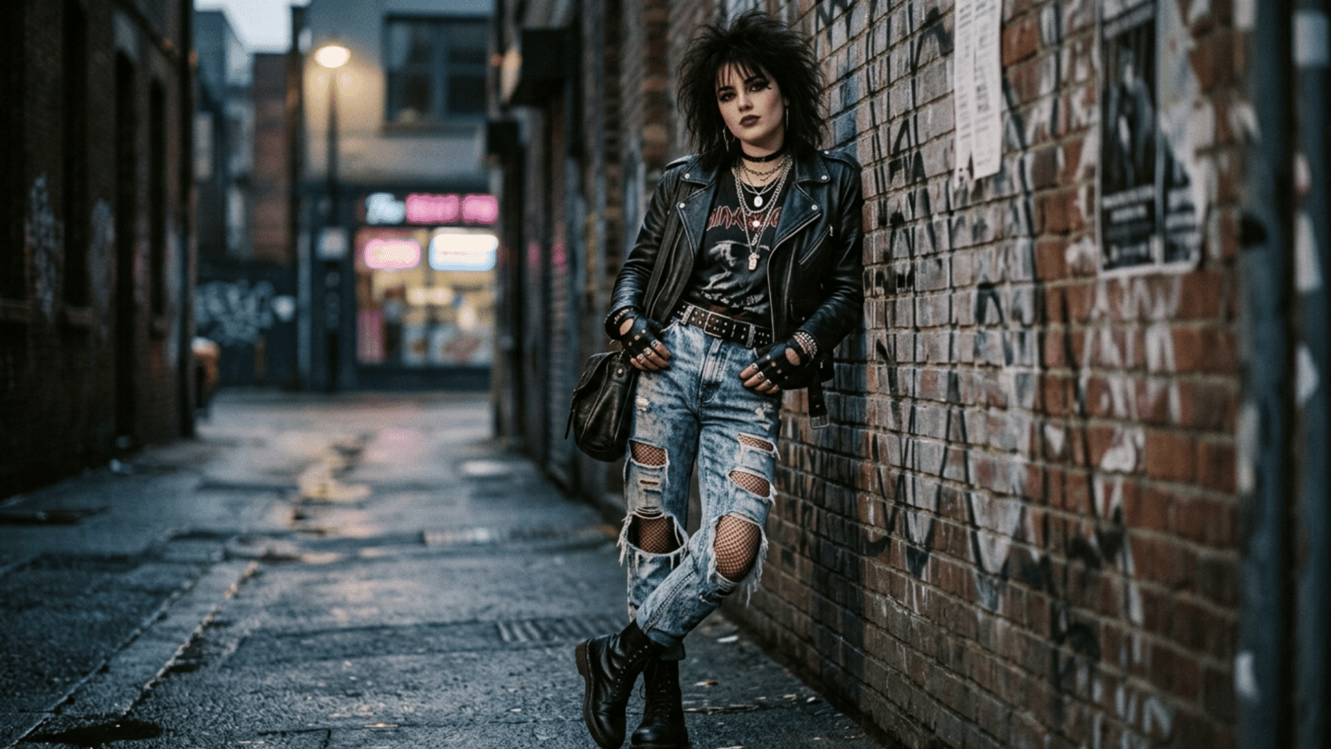 woman styling fishnet leggings under jeans in edgy streetwear posing against graffiti wall in urban alley with bold attitude