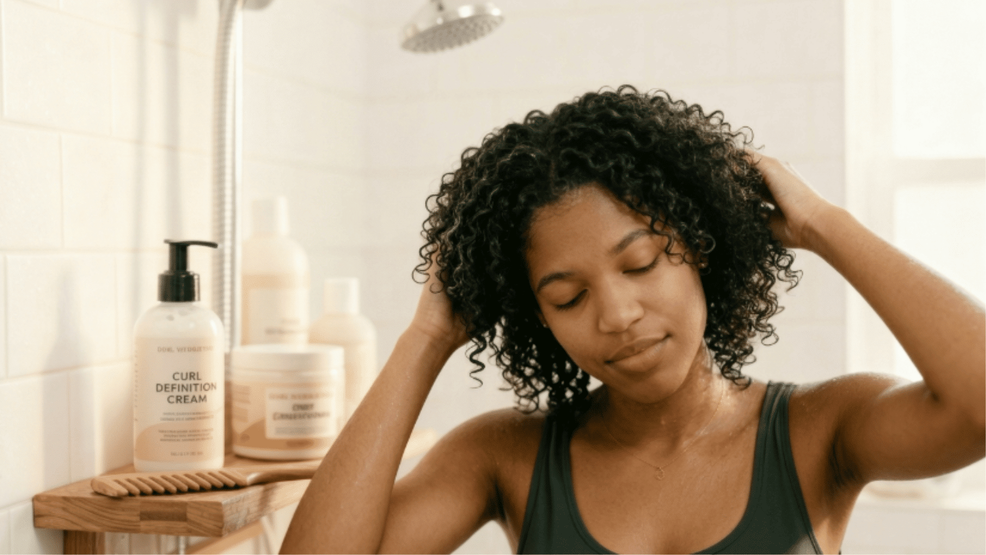 woman styling natural curls in shower with curl cream products on shelf gently touching wet hair