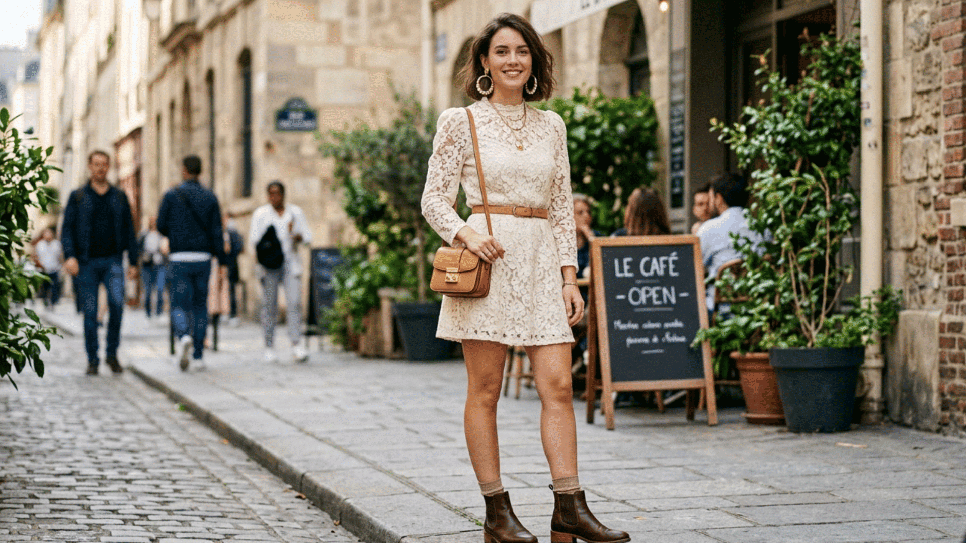 woman walking on city sidewalk in lace dress holding bag, everyday street style moment