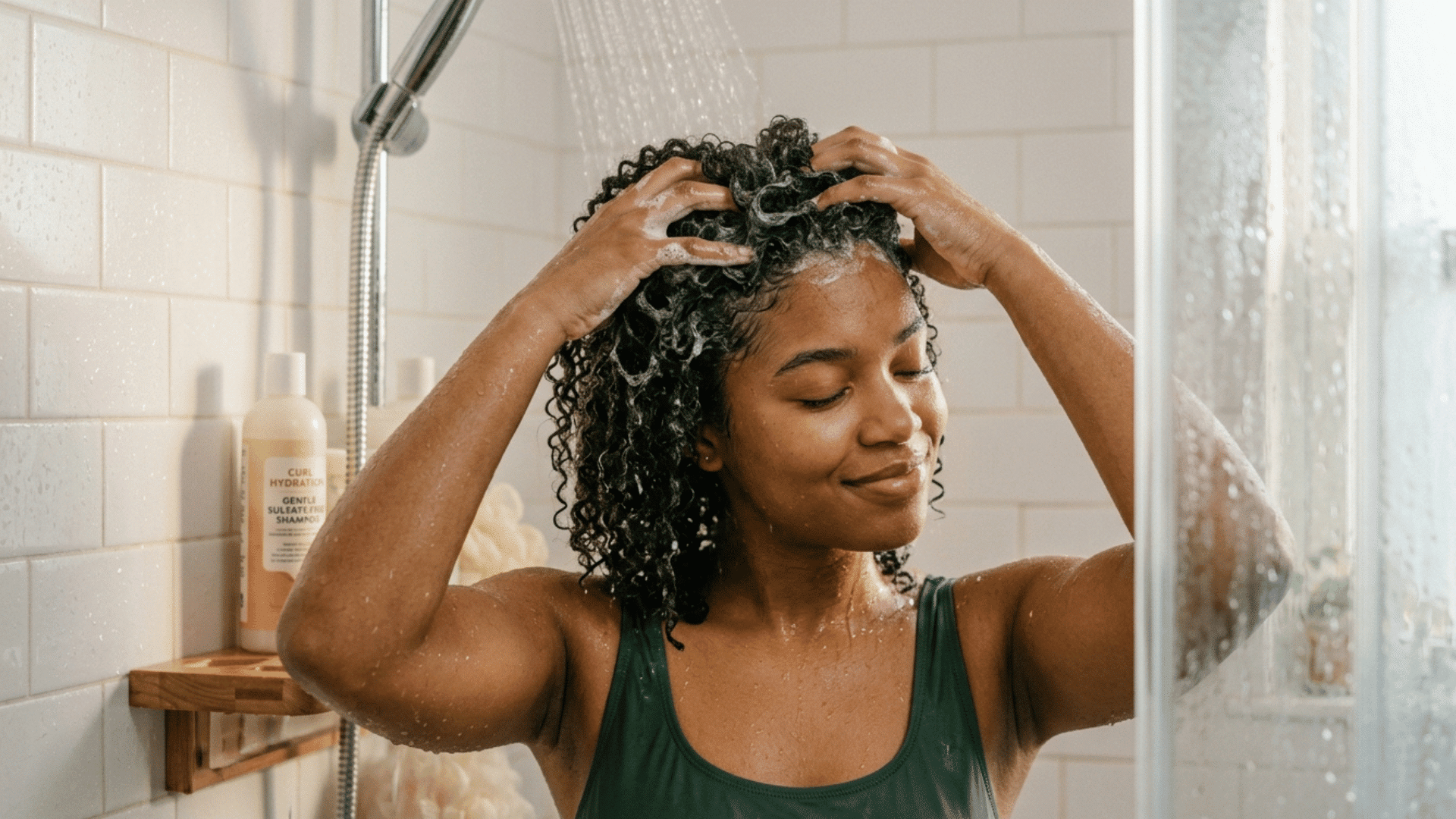 woman washing curly hair with shampoo in shower, focusing on scalp cleansing.