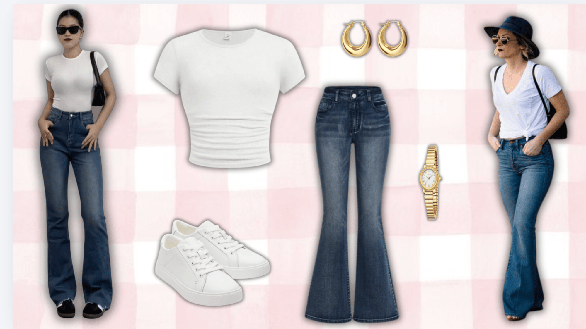 woman wearing bootcut jeans with white tee styled in a clean tucked casual outfit