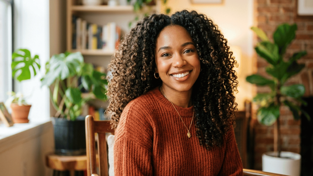 woman with healthy, defined curly hair smiling indoors, showcasing natural curls and shine.