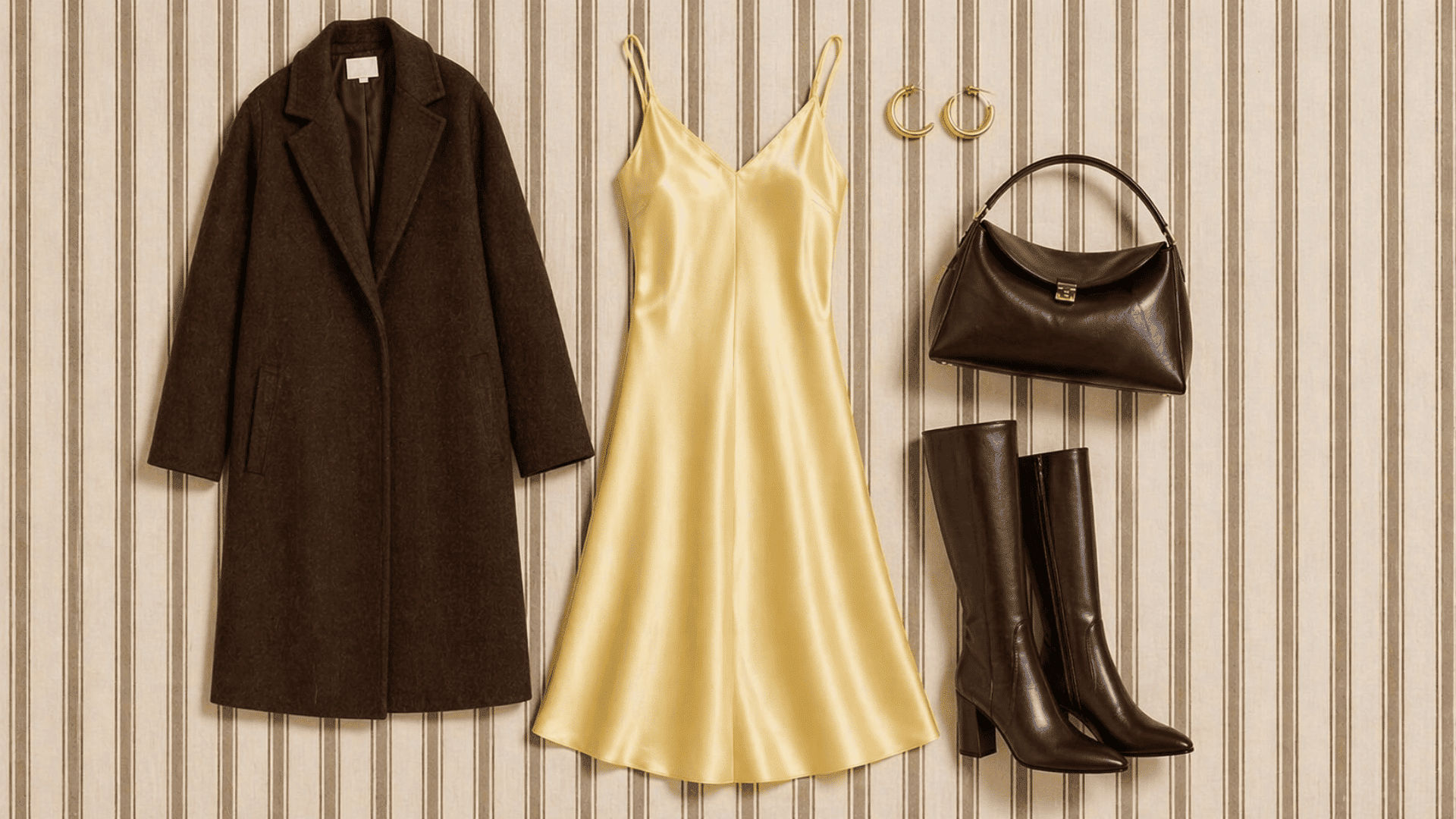 Yellow satin slip dress flat lay with brown coat, boots, handbag and gold hoops on beige striped background.