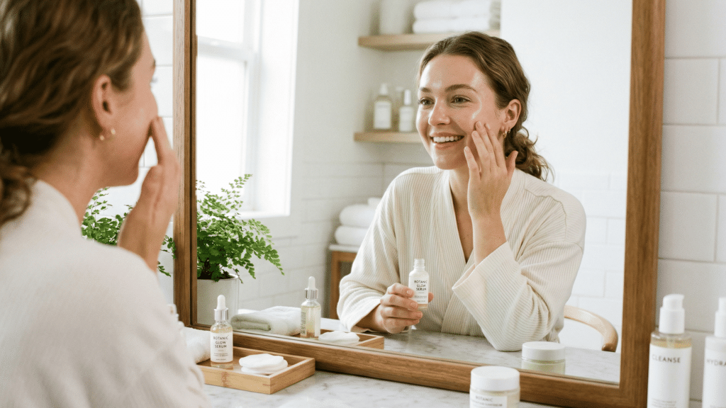 young woman with dewy skin applying skincare in front of a mirror, minimal makeup, soft natural light, clean background, healthy glowing complexion
