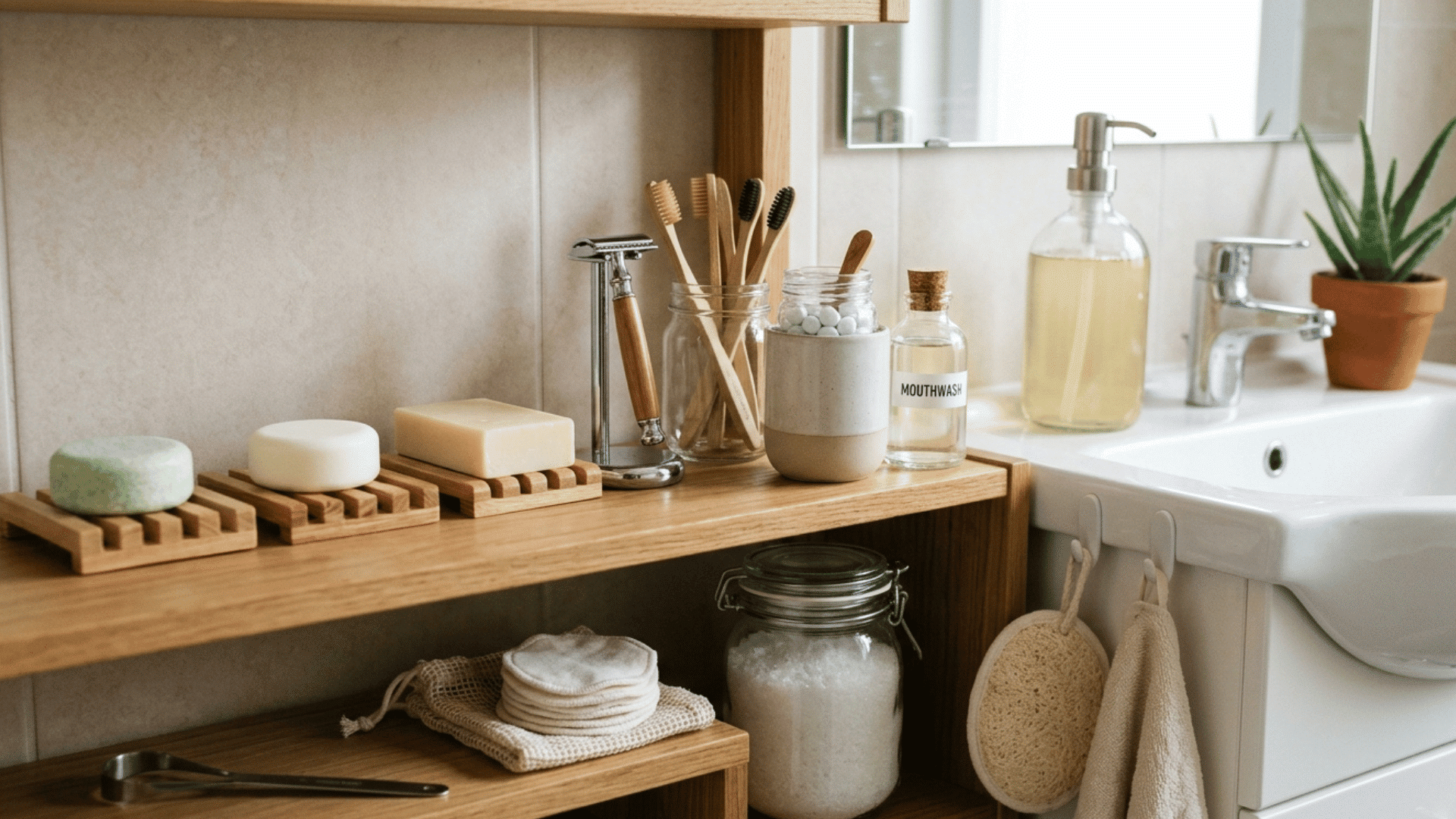 zero waste bathroom with bamboo toothbrushes, bar soaps, and refillable glass containers.