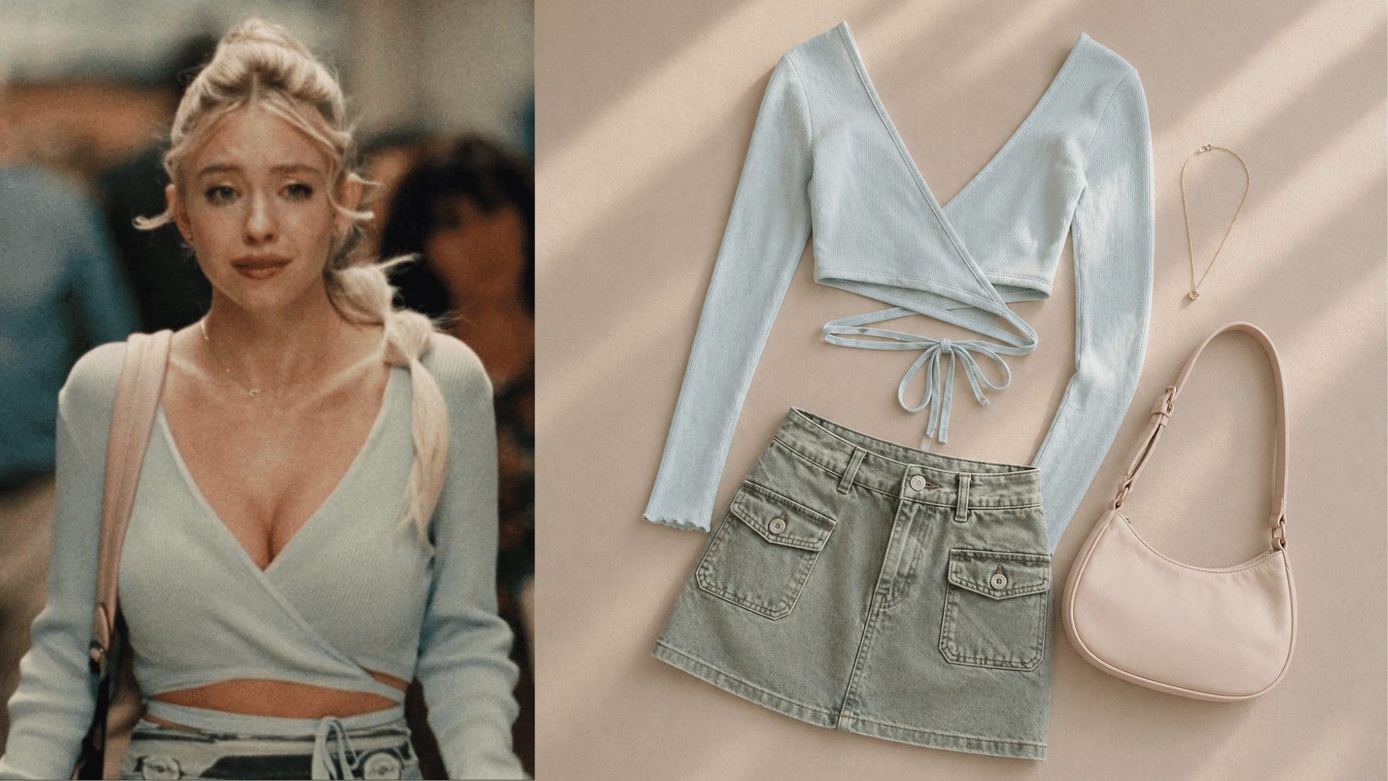 cassie blue wrap top with matching skirt