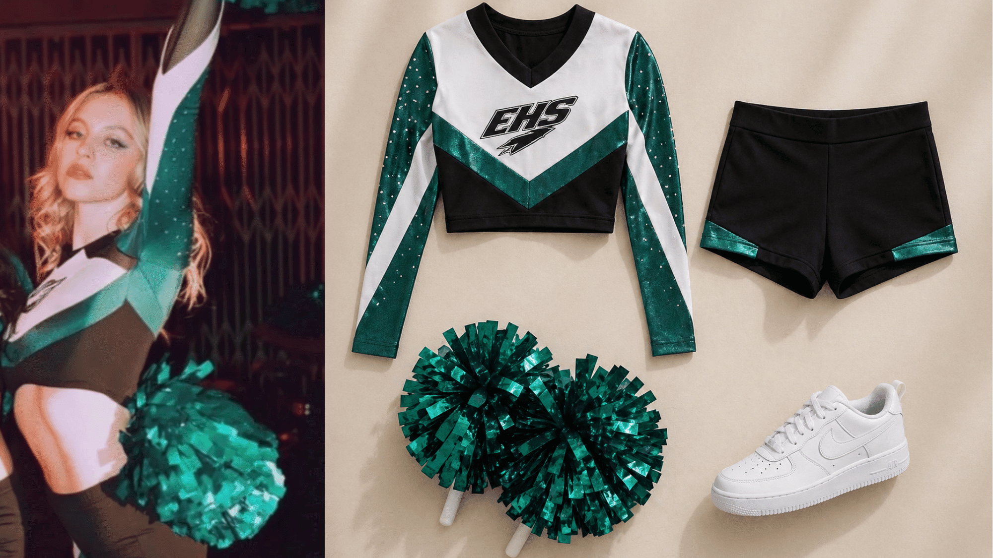 cassie cheerleader outfit euphoria school uniform look with ponytail and natural glam