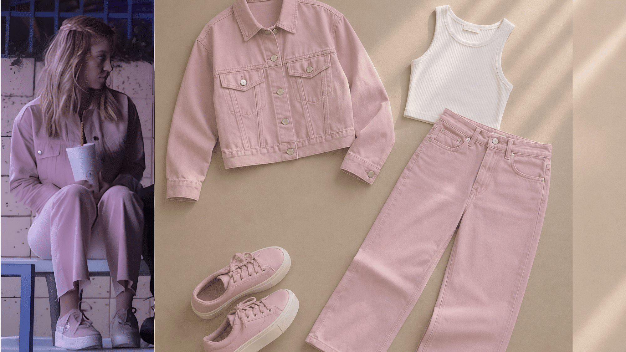 cassie in pink jacket with matching straight-leg pants