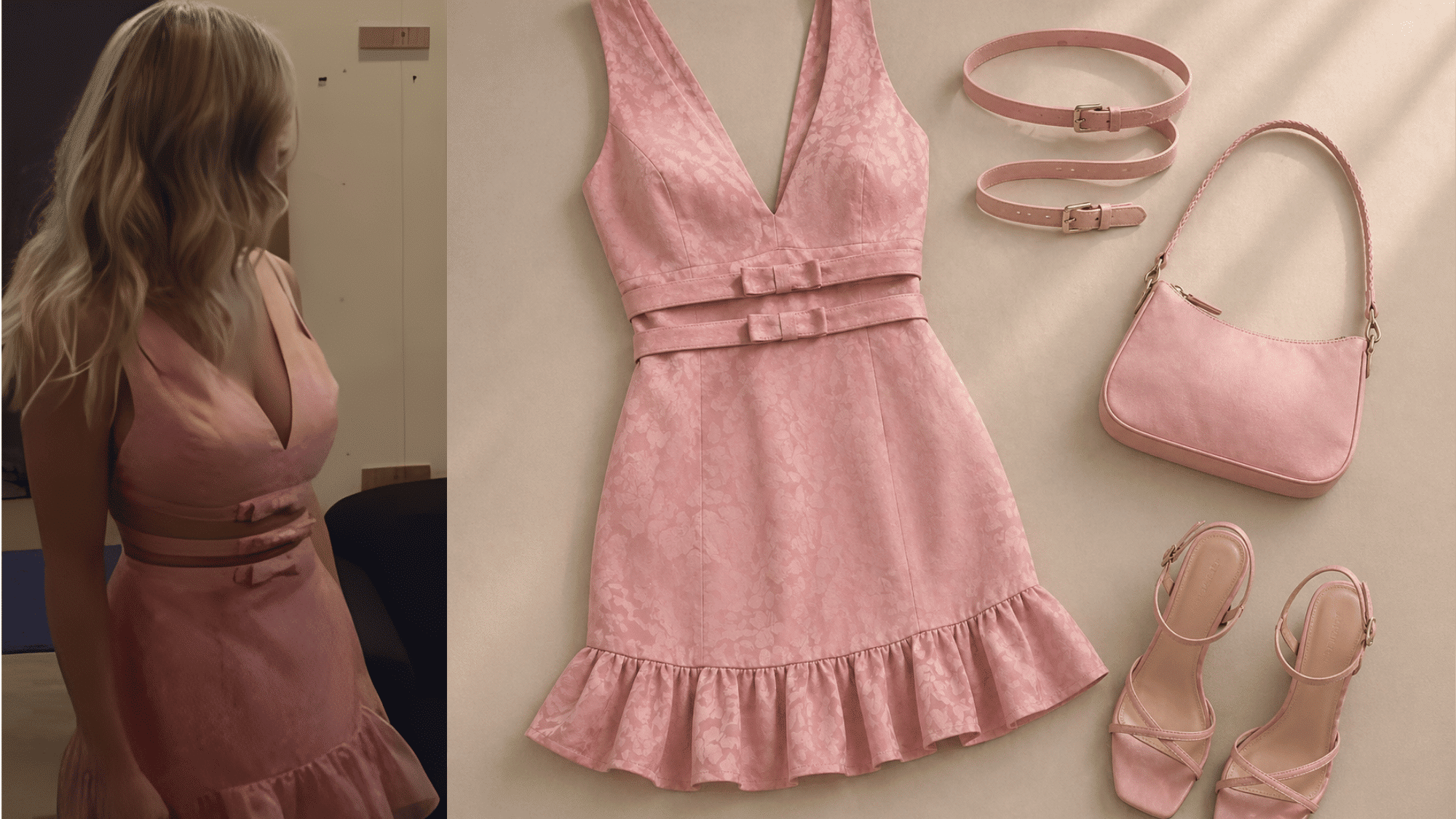 cassie in pink lace crop top with matching skirt