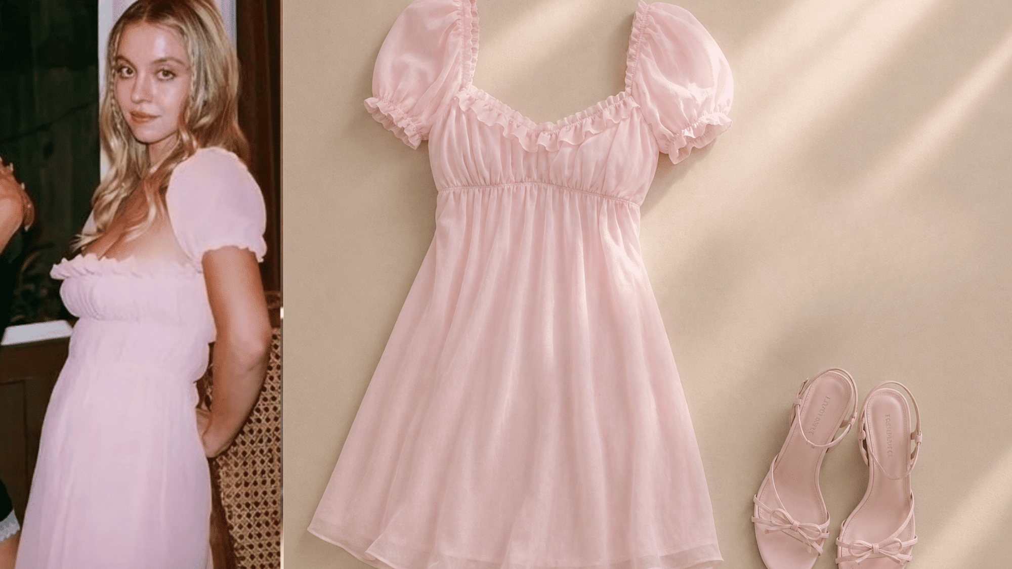 cassie in pink puff sleeve mini dress