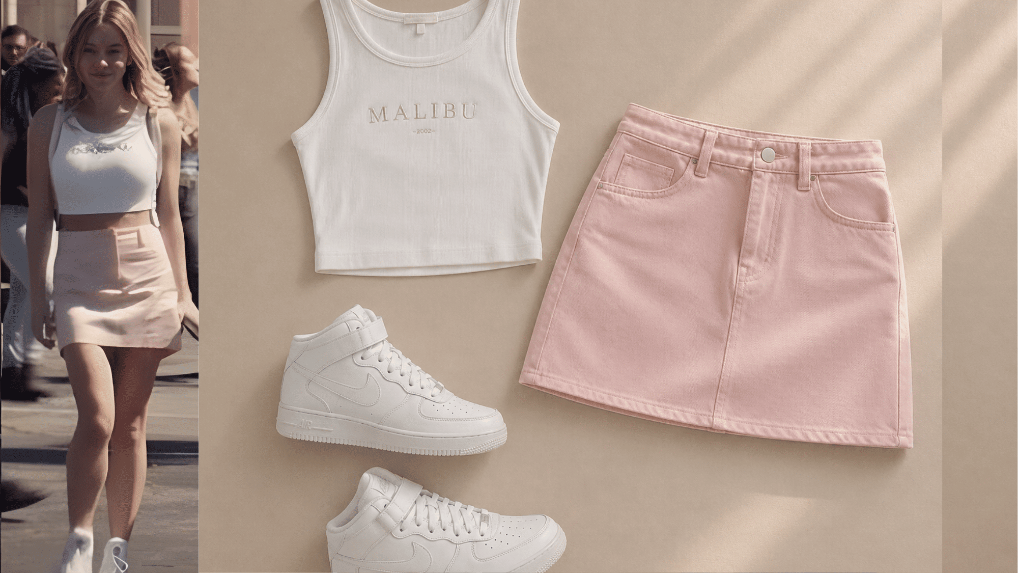 cassie in white crop top and mini skirt