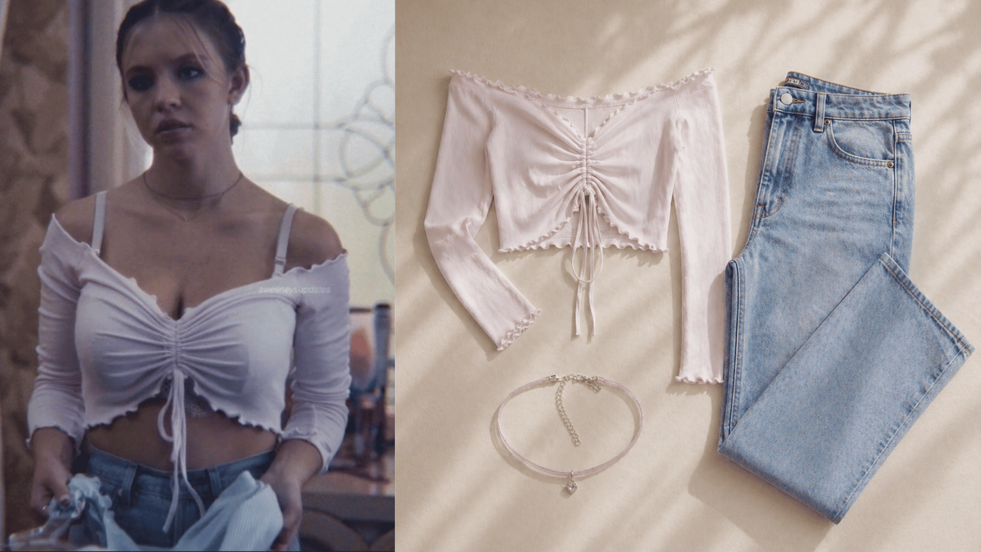 cassie in white ruched off-shoulder top with tie detail paired with high-waisted jeans