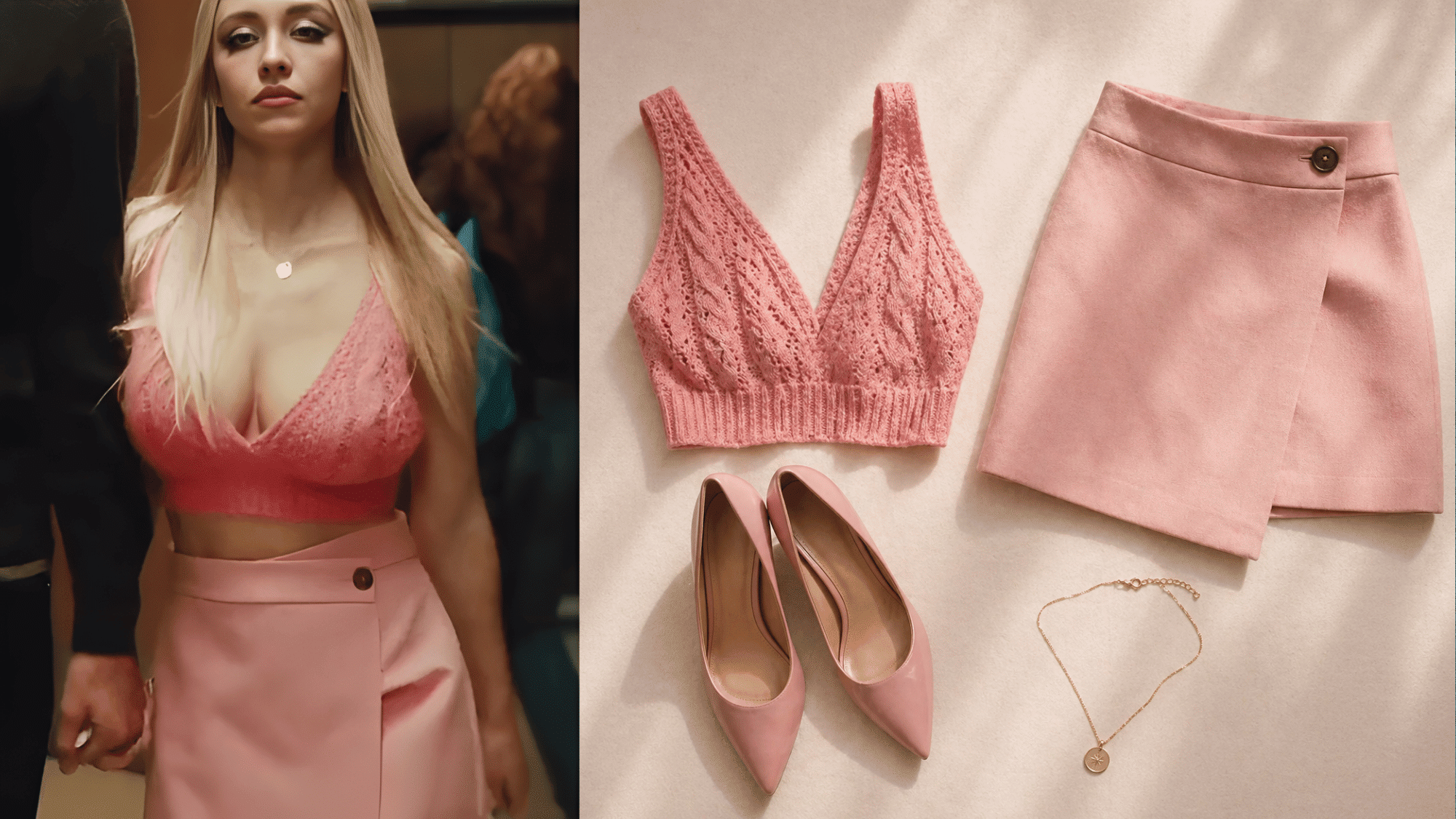 cassie pink crop top and mini skirt euphoria carnival outfit soft feminine casual look