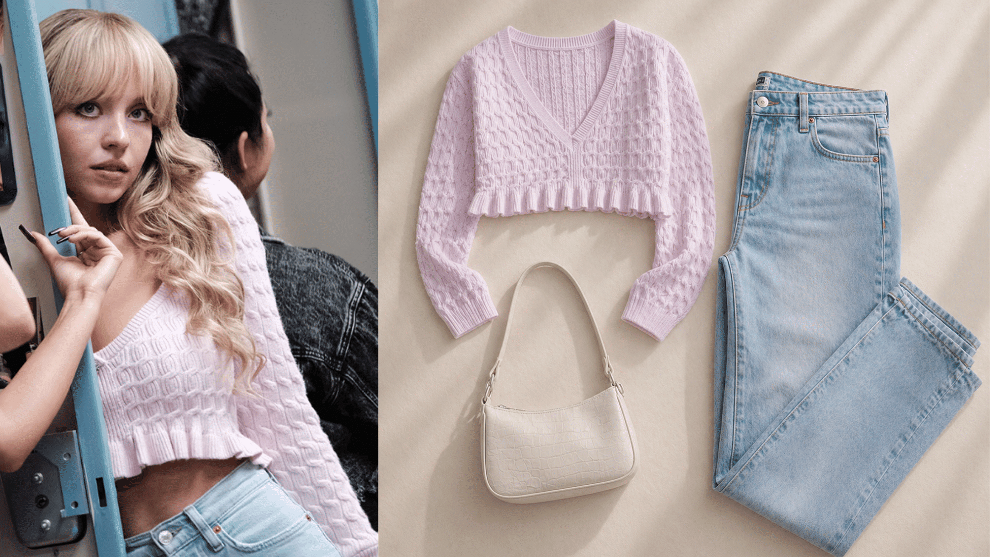 cassie pink matching set euphoria cardigan and jeans aesthetic outfit