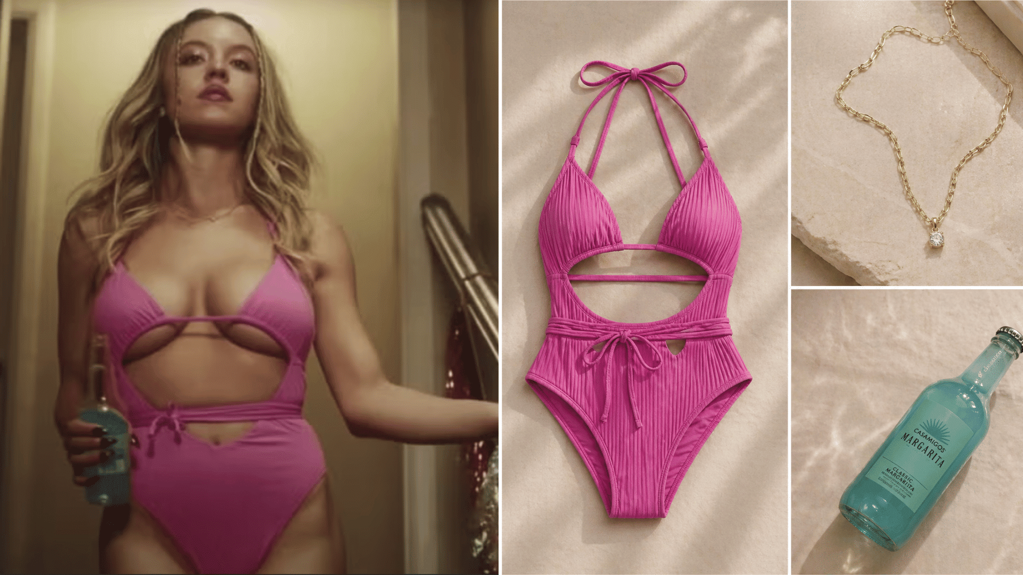 cassie pink swimsuit euphoria poolside soft feminine aesthetic look with glowing skin