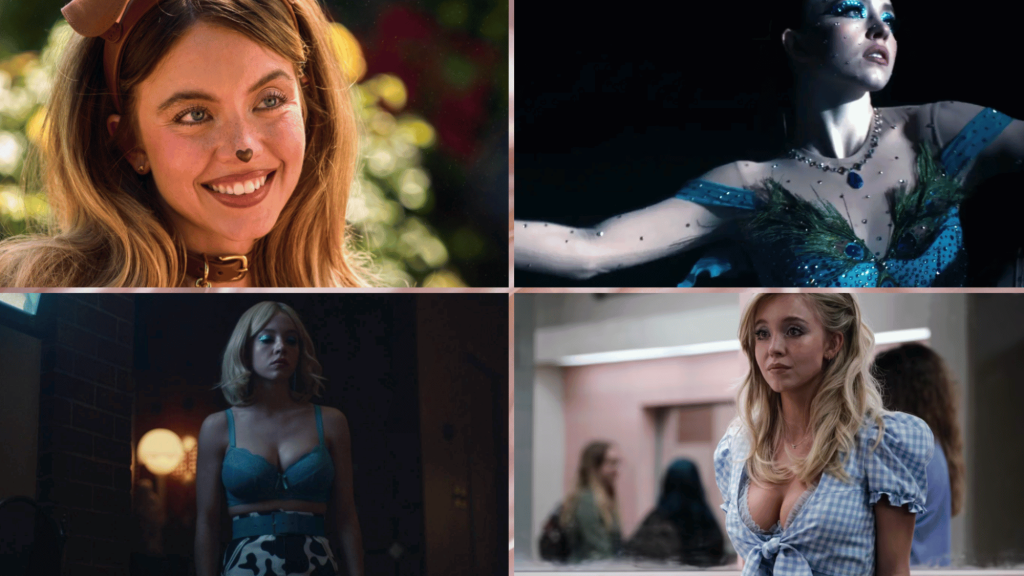 four grid collage of cassie wearing four types of different outfits