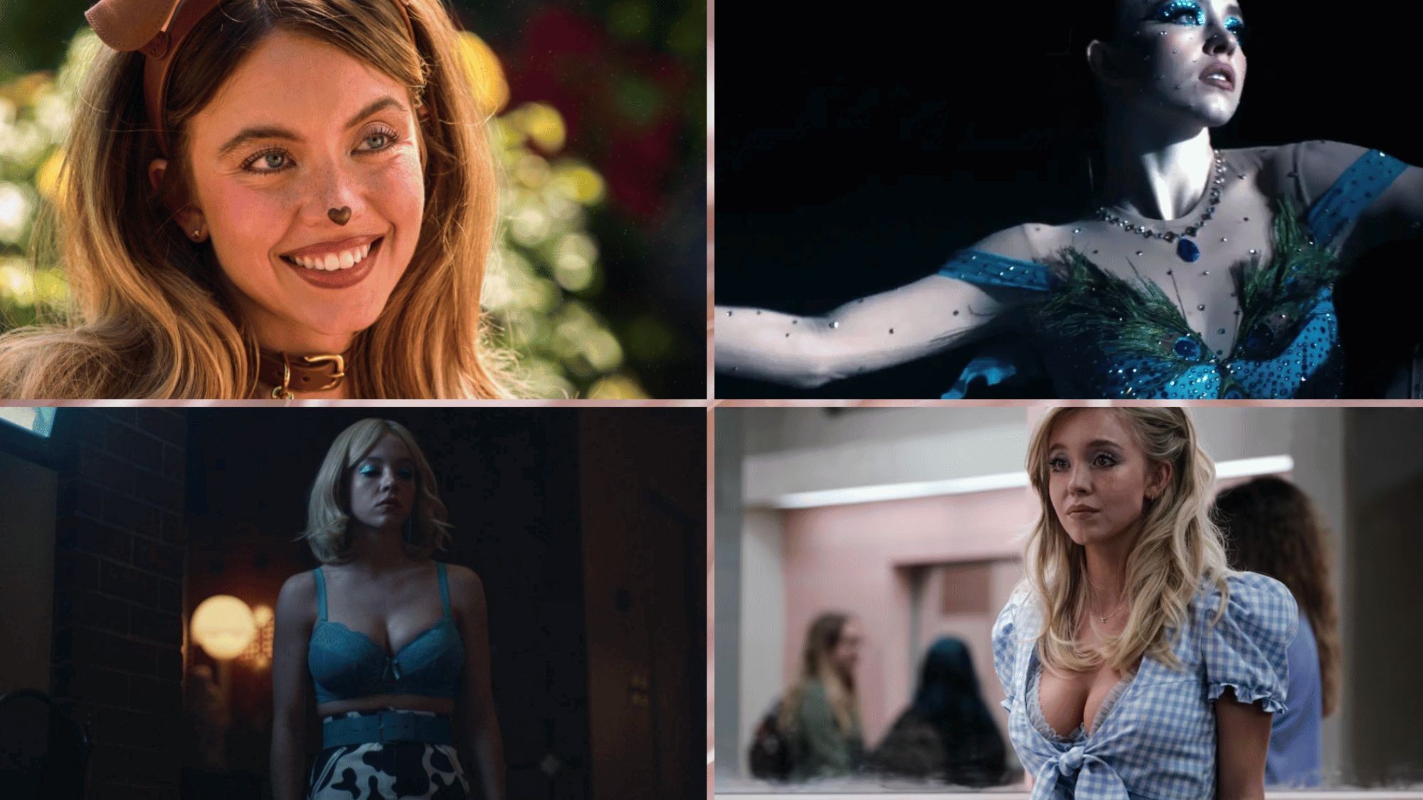 four grid collage of cassie wearing four types of different outfits