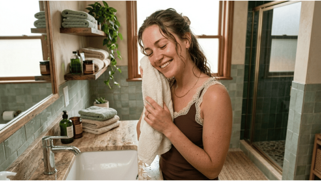 a-woman-in-a-bathroom-drying-her-face-with-a-clean-towel.