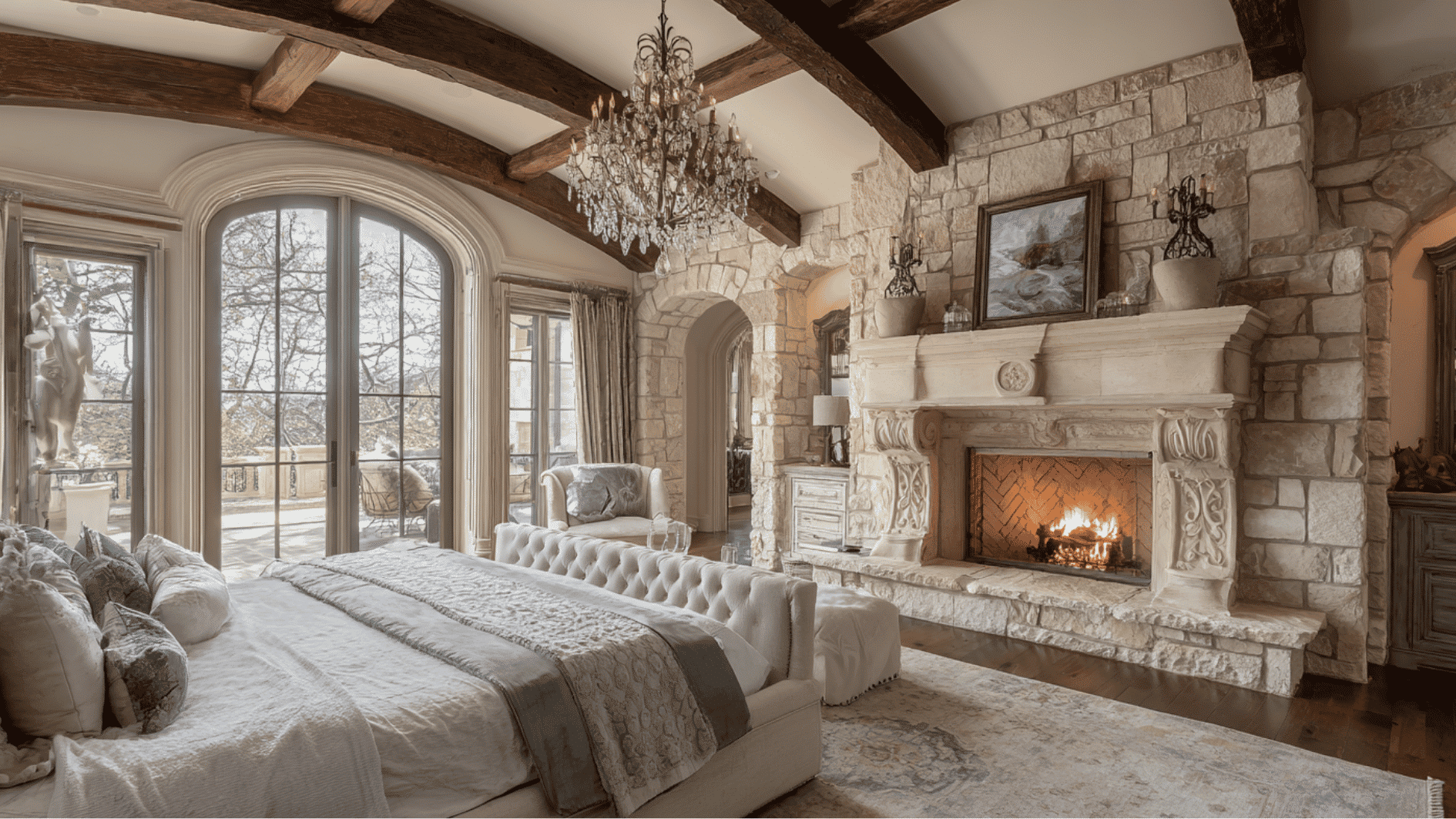 luxury bedroom with elegant stone fireplace, wood beams, and Mediterranean-inspired design elements