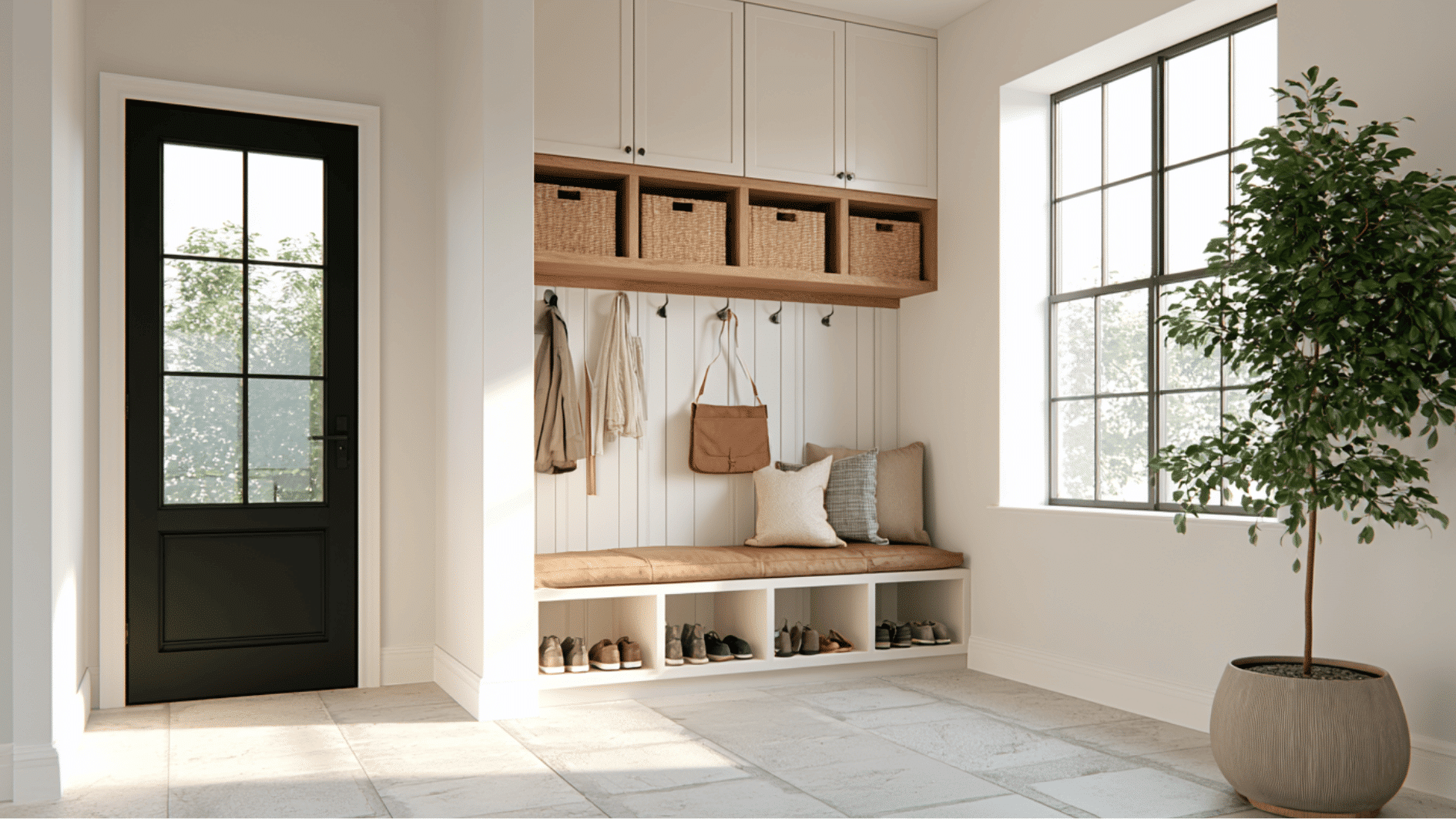 functional mudroom with built-in storage, hooks, and seating for an organized home entryway area
