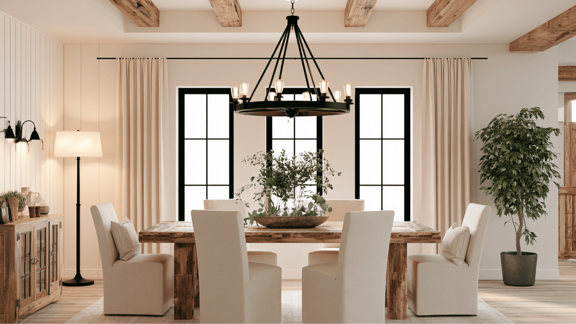 farmhouse dining room featuring a statement chandelier above a rustic wooden dining table centerpiece