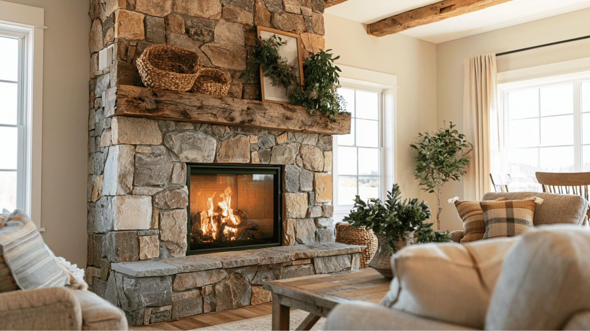 stone fireplace with reclaimed wood mantel in a cozy rustic farmhouse living room setting