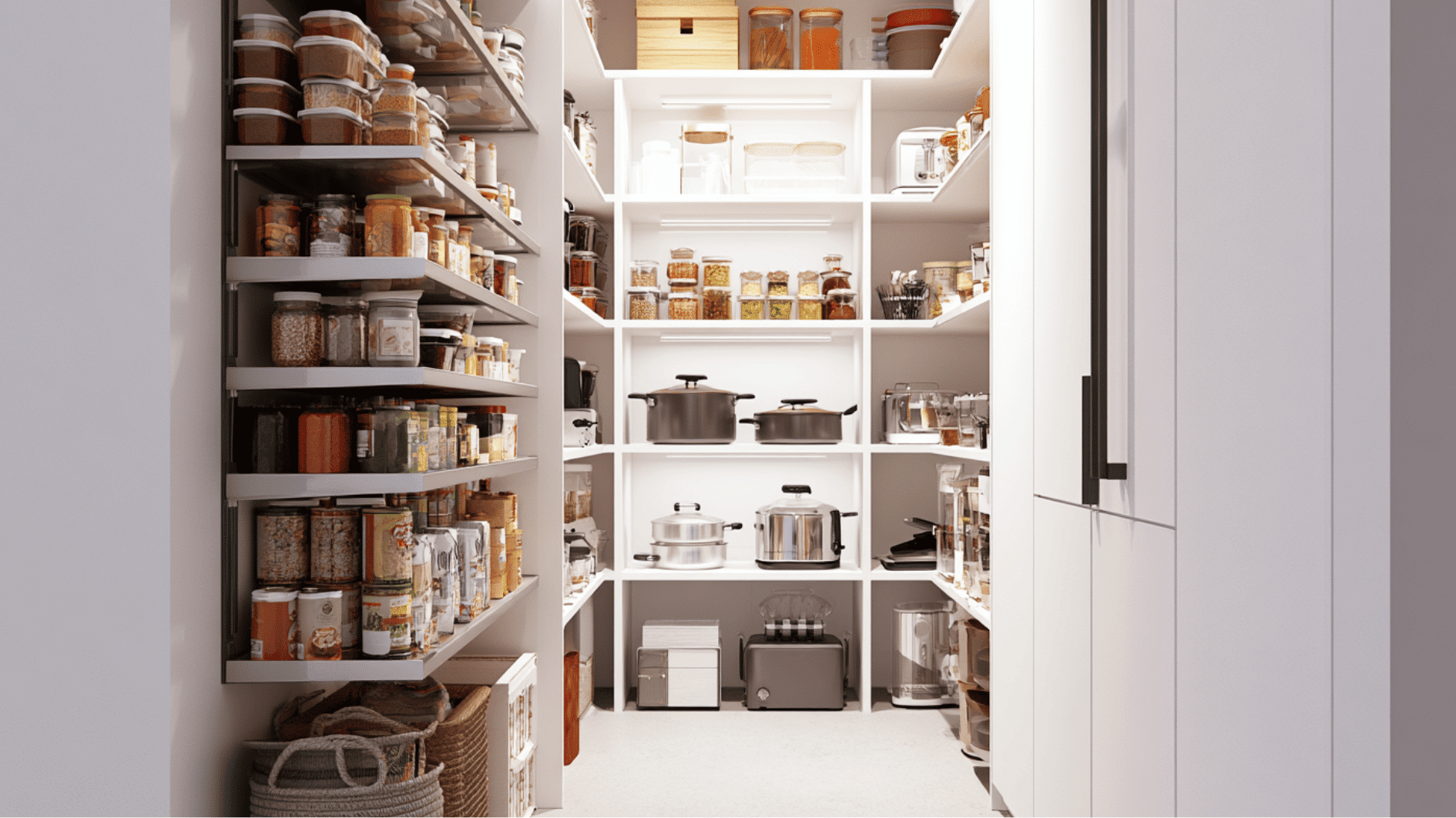 walk-in pantry with organized shelving and storage solutions for a clutter-free kitchen