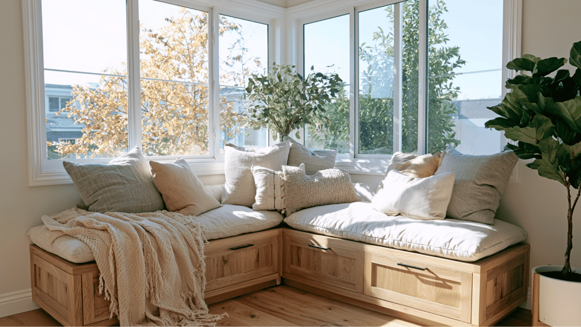 built-in window seating with hidden storage compartments for extra organization and comfortable seating