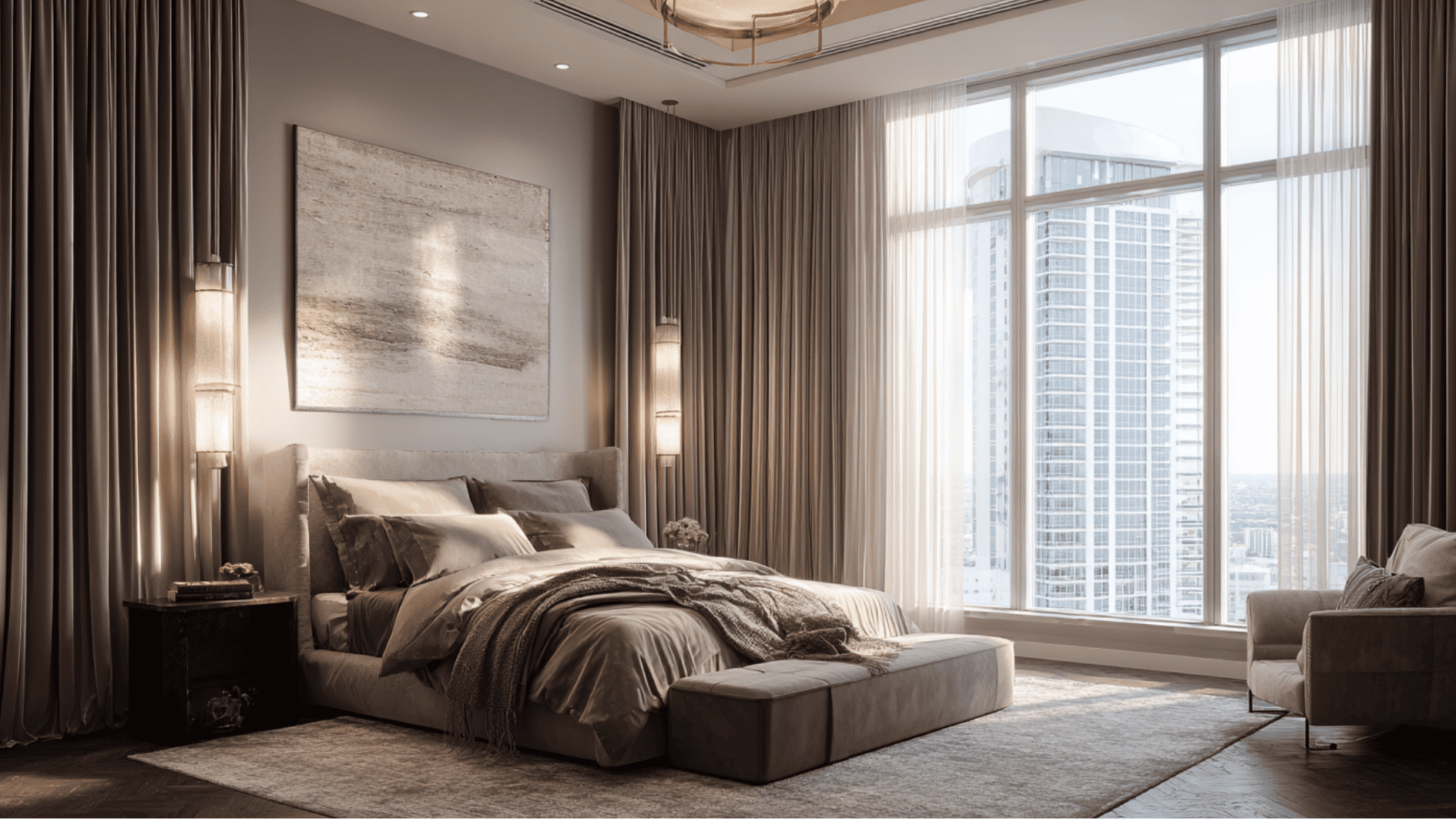 luxury bedroom with floor-to-ceiling curtains and elegant custom window treatments
